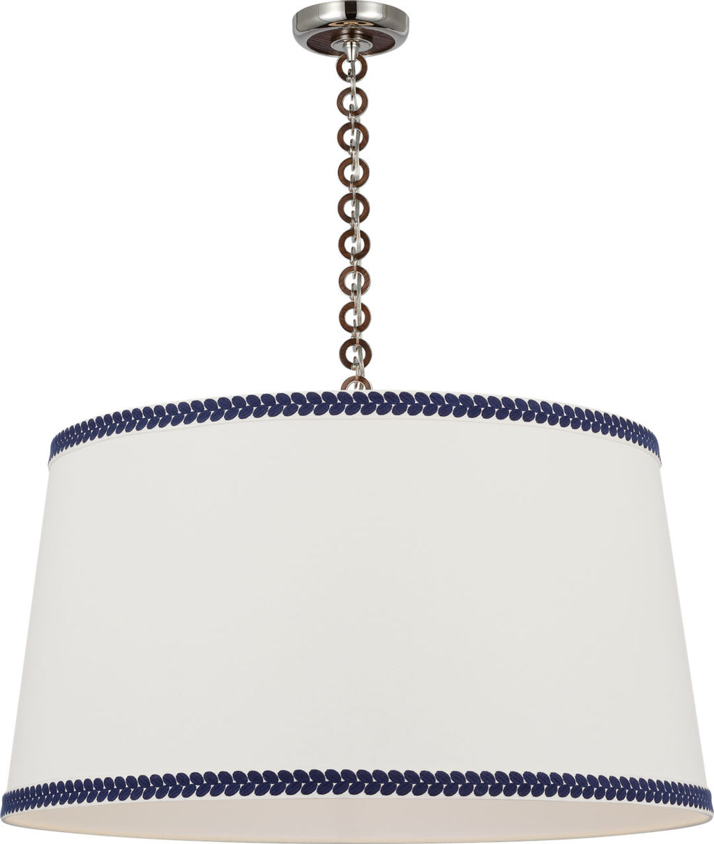 Evelyn 33" Hanging Shade | Polished Nickel and Natural Oak | Linen Shade and Schumacher Blue Berkeley Tape