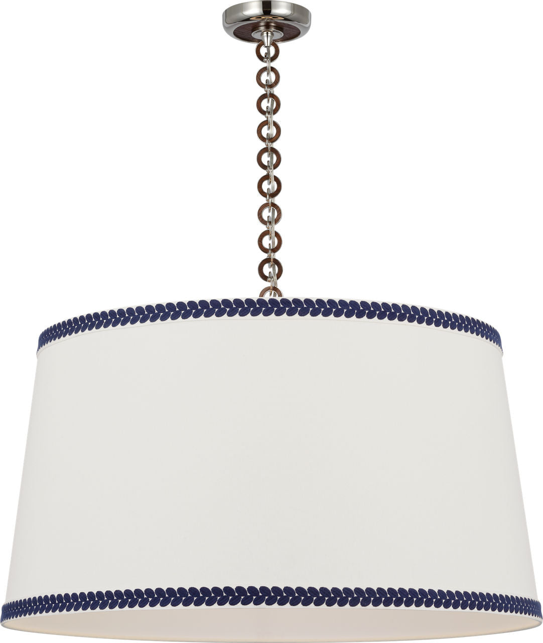 Evelyn 33" Hanging Shade | Polished Nickel and Natural Oak | Linen Shade and Schumacher Blue Berkeley Tape