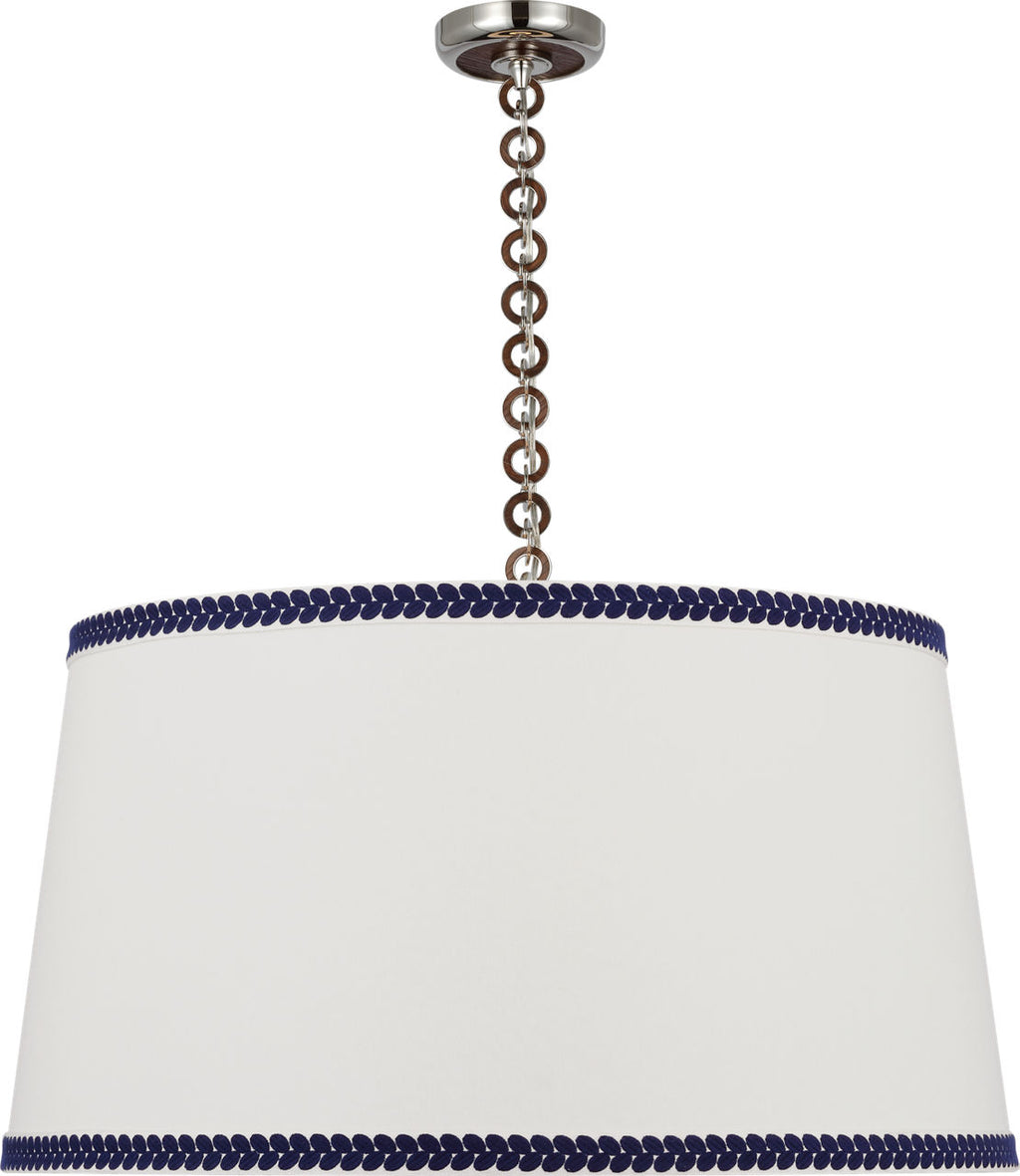 Evelyn 33" Hanging Shade | Polished Nickel and Natural Oak | Linen Shade and Schumacher Blue Berkeley Tape