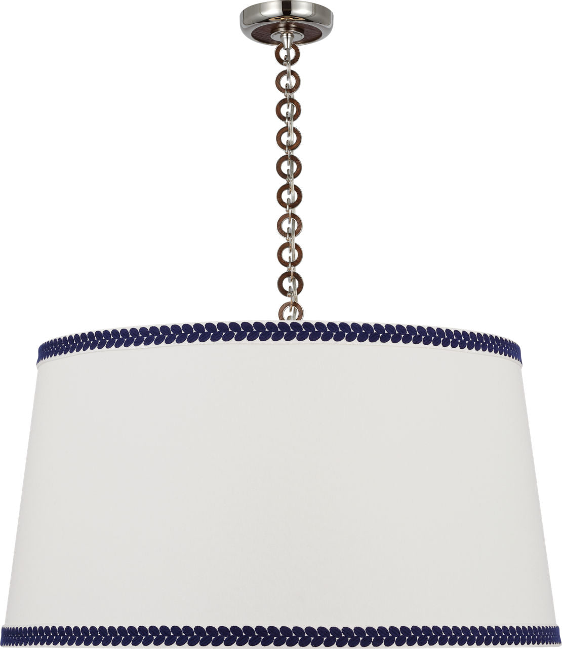 Evelyn 33" Hanging Shade | Polished Nickel and Natural Oak | Linen Shade and Schumacher Blue Berkeley Tape
