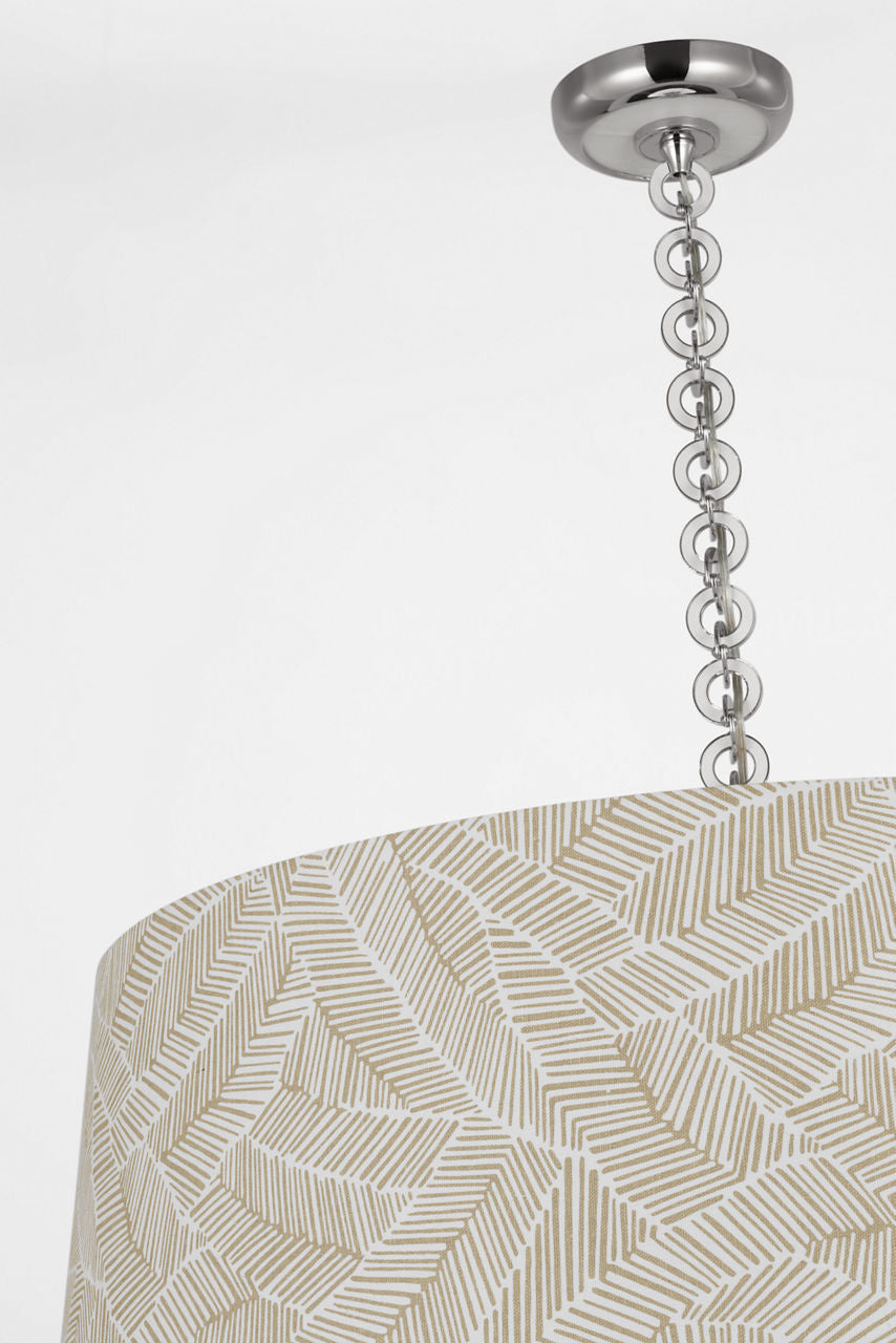 Evelyn 33" Hanging Shade | Polished Nickel and White Oak | Schumacher Taupe Abstract Leaf Shade