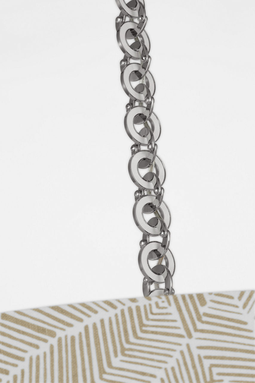 Evelyn 33" Hanging Shade | Polished Nickel and White Oak | Schumacher Taupe Abstract Leaf Shade