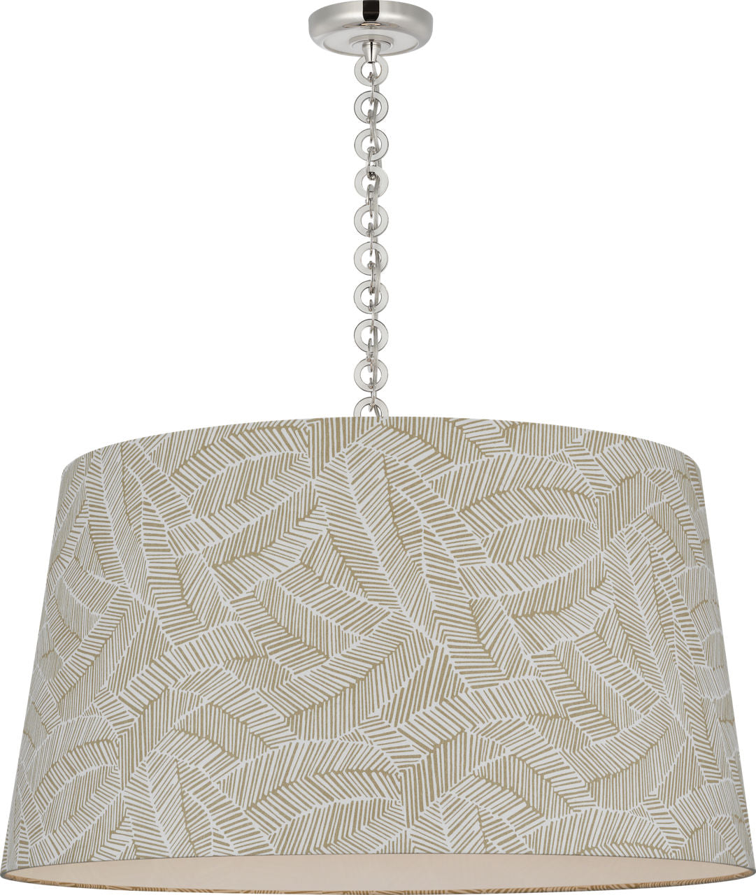 Evelyn 33" Hanging Shade | Polished Nickel and White Oak | Schumacher Taupe Abstract Leaf Shade