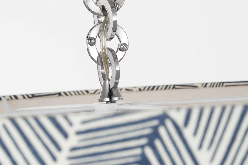 Evelyn 33" Hanging Shade | Polished Nickel and White Oak | Schumacher Navy Abstract Leaf Shade