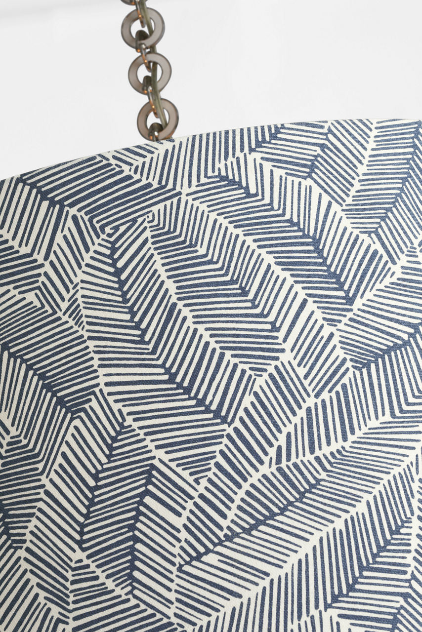 Evelyn 33" Hanging Shade | Polished Nickel and White Oak | Schumacher Navy Abstract Leaf Shade