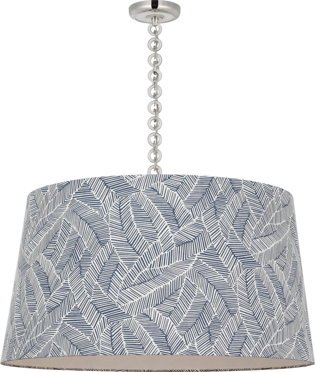 Evelyn 33" Hanging Shade | Polished Nickel and White Oak | Schumacher Navy Abstract Leaf Shade
