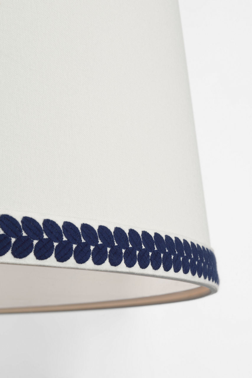 Evelyn 33" Hanging Shade | Polished Nickel and White Oak | Linen Shade and Schumacher Blue Berkeley Tape