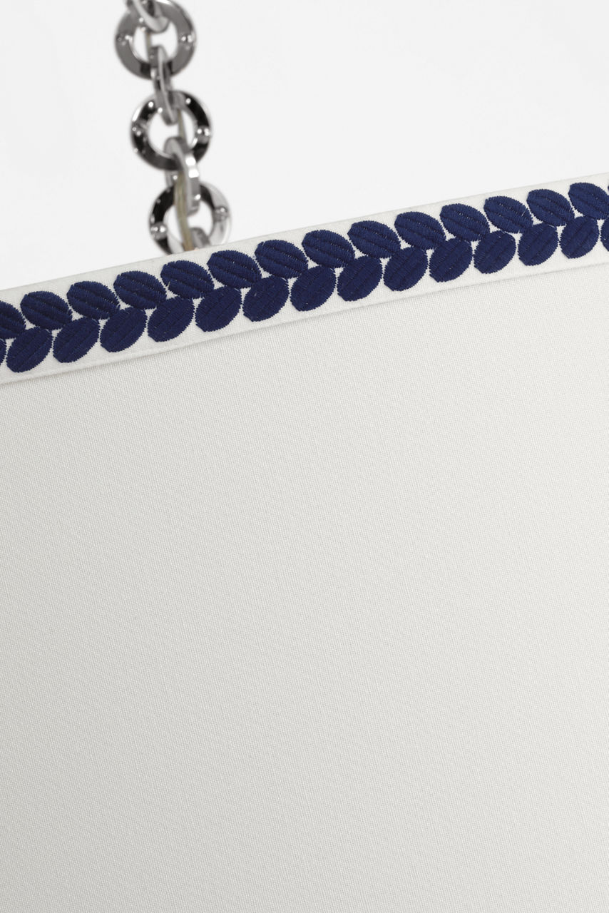 Evelyn 33" Hanging Shade | Polished Nickel and White Oak | Linen Shade and Schumacher Blue Berkeley Tape