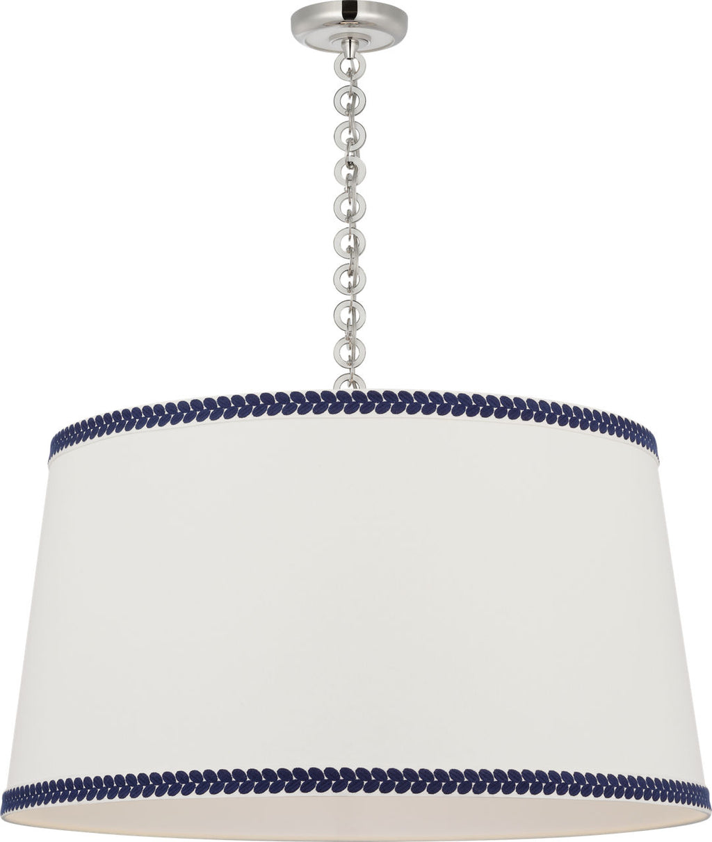 Evelyn 33" Hanging Shade | Polished Nickel and White Oak | Linen Shade and Schumacher Blue Berkeley Tape