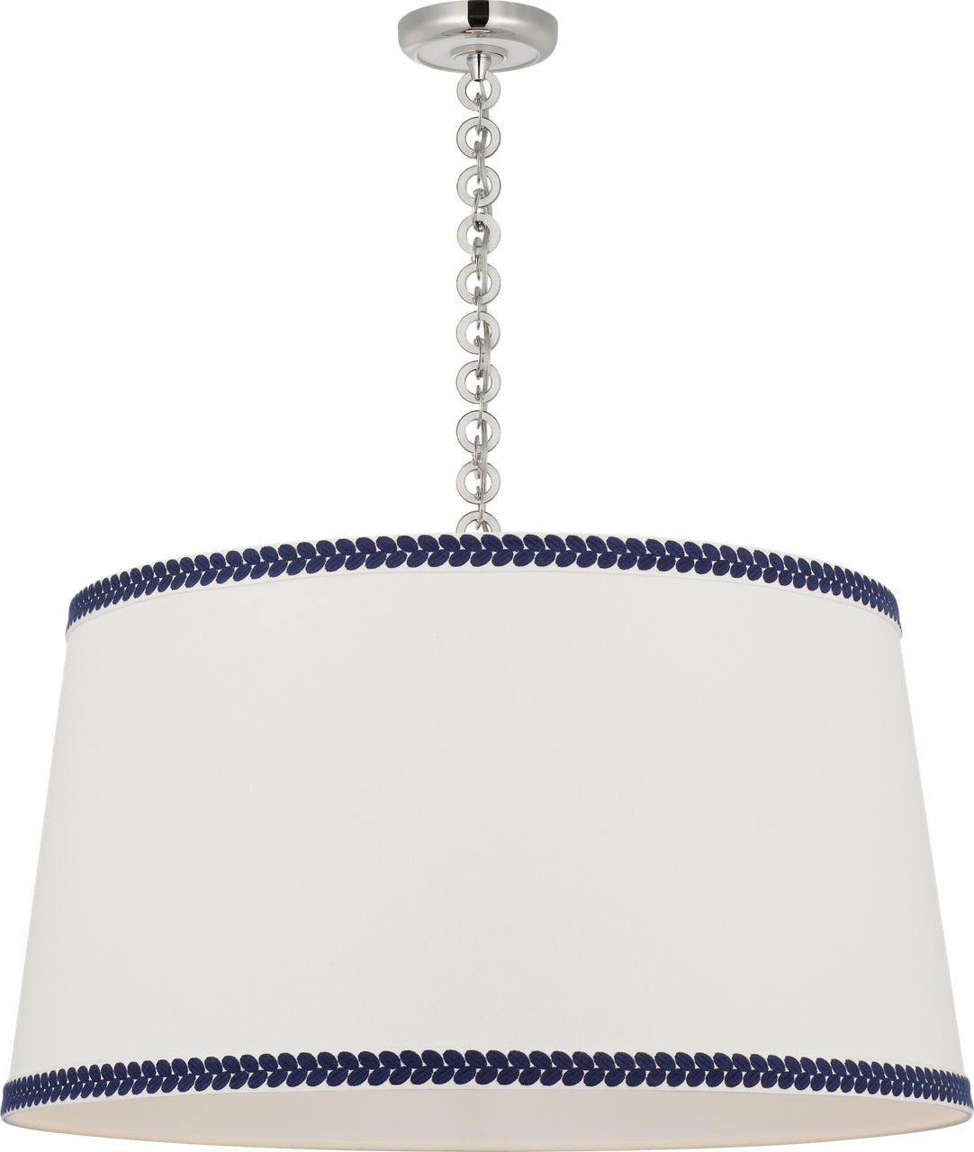 Evelyn 33" Hanging Shade | Polished Nickel and White Oak | Linen Shade and Schumacher Blue Berkeley Tape
