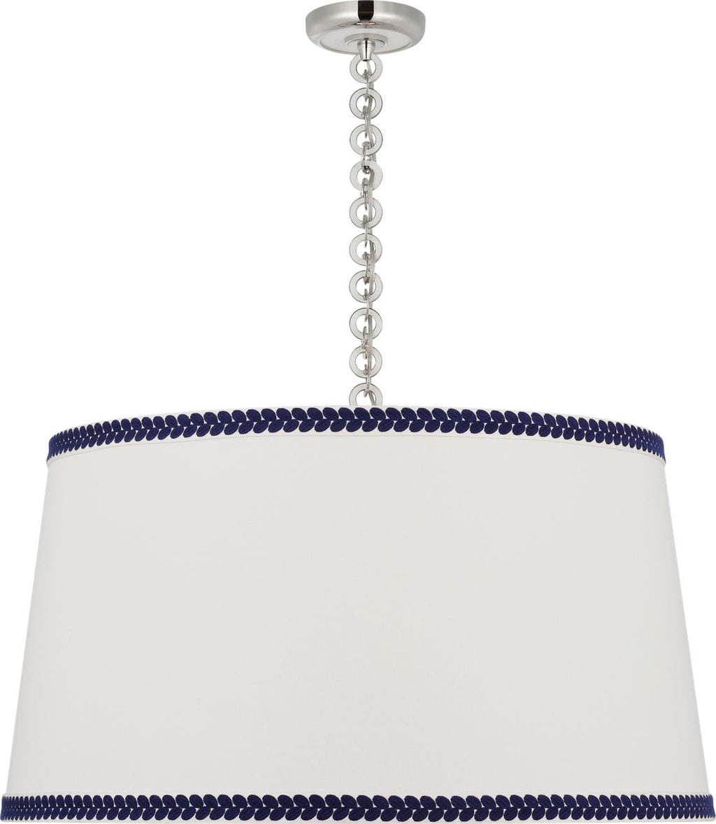 Evelyn 33" Hanging Shade | Polished Nickel and White Oak | Linen Shade and Schumacher Blue Berkeley Tape