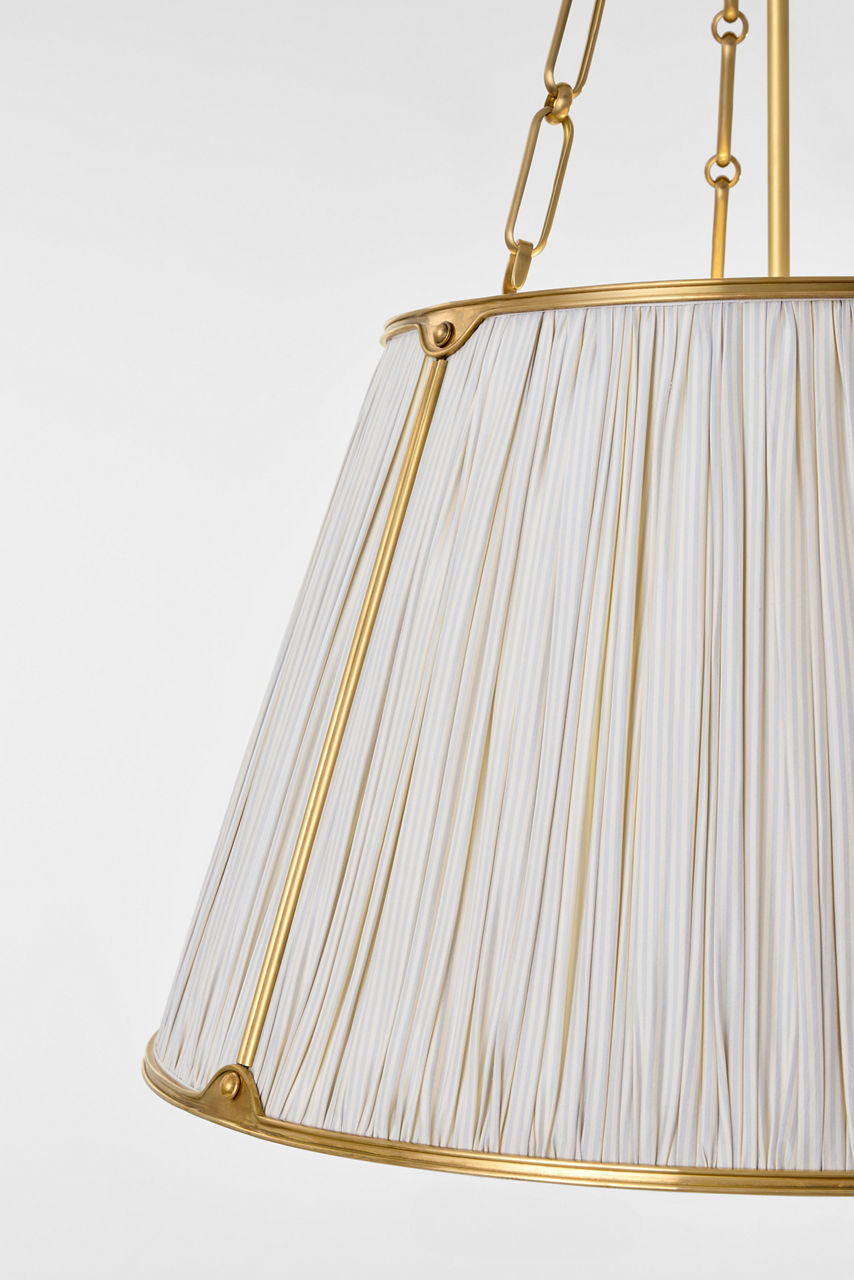 Allister 21" Hanging Shade | Hand-Rubbed Antique Brass | Schumacher Blue Charee Stripe Pleated Shade