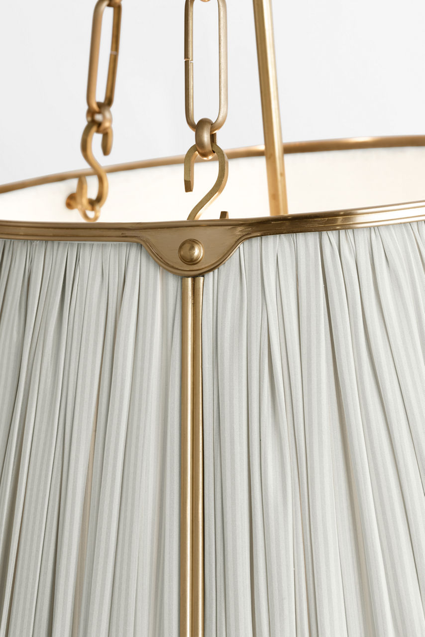 Allister 21" Hanging Shade | Hand-Rubbed Antique Brass | Schumacher Blue Charee Stripe Pleated Shade
