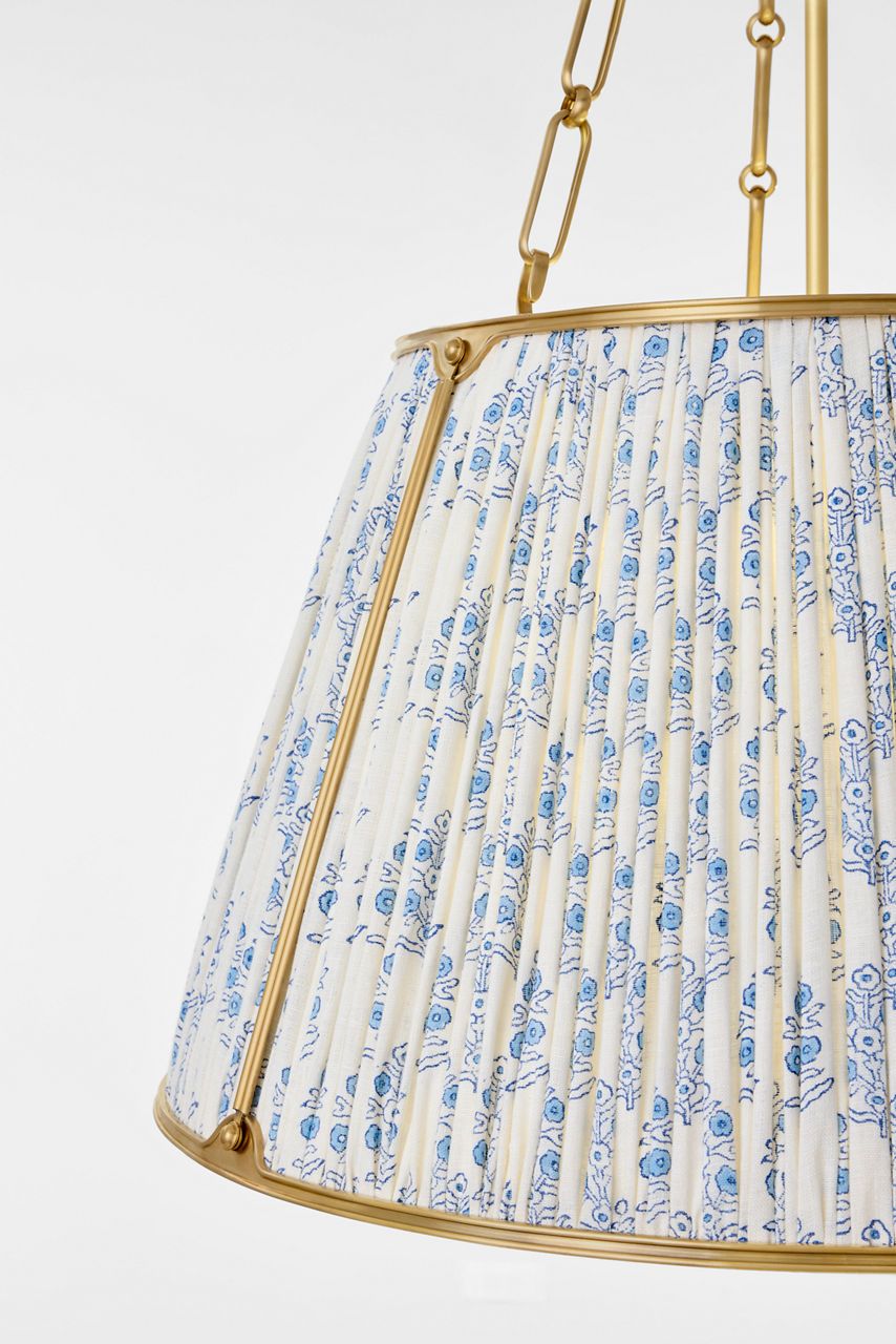 Allister 21" Hanging Shade | Hand-Rubbed Antique Brass | Schumacher Blue Aditi Pleated Shade