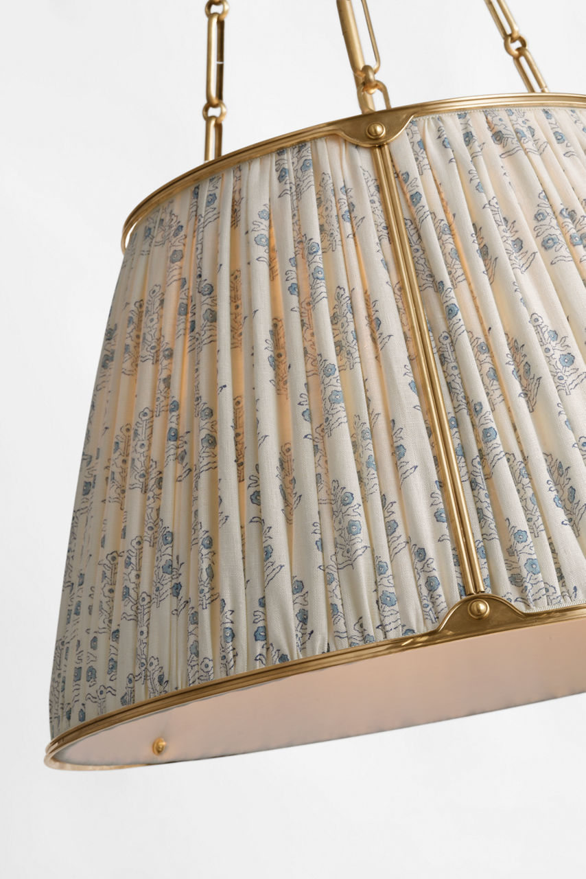 Allister 21" Hanging Shade | Hand-Rubbed Antique Brass | Schumacher Blue Aditi Pleated Shade