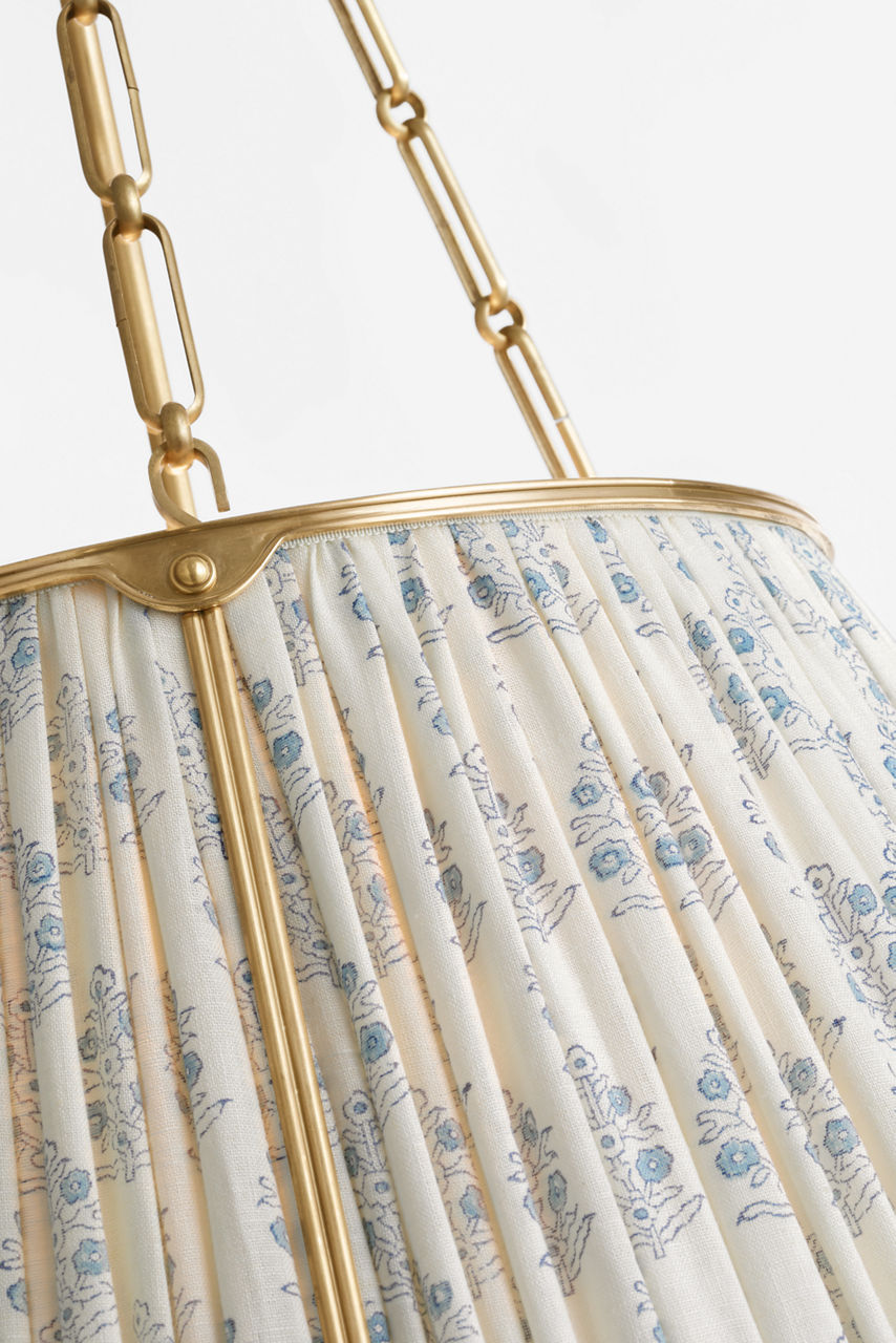 Allister 21" Hanging Shade | Hand-Rubbed Antique Brass | Schumacher Blue Aditi Pleated Shade