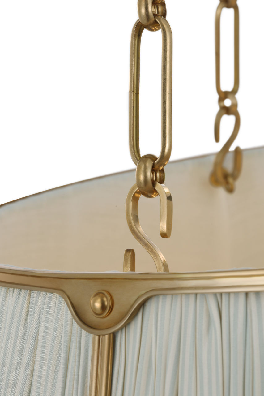Allister 29" Hanging Shade | Hand-Rubbed Antique Brass | Schumacher Blue Charee Stripe Pleated Shade