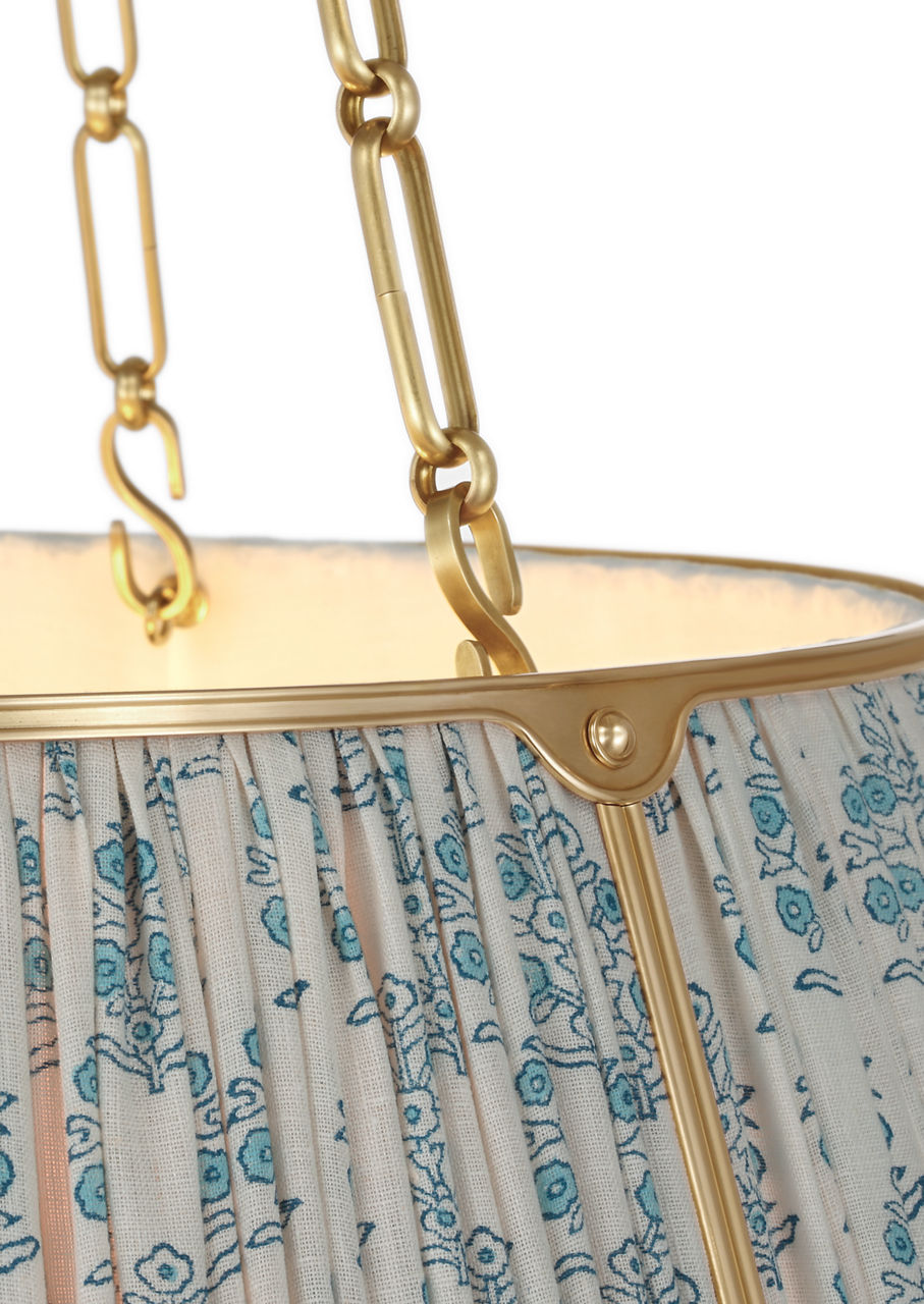 Allister 29" Hanging Shade | Hand-Rubbed Antique Brass | Schumacher Blue Aditi Pleated Shade