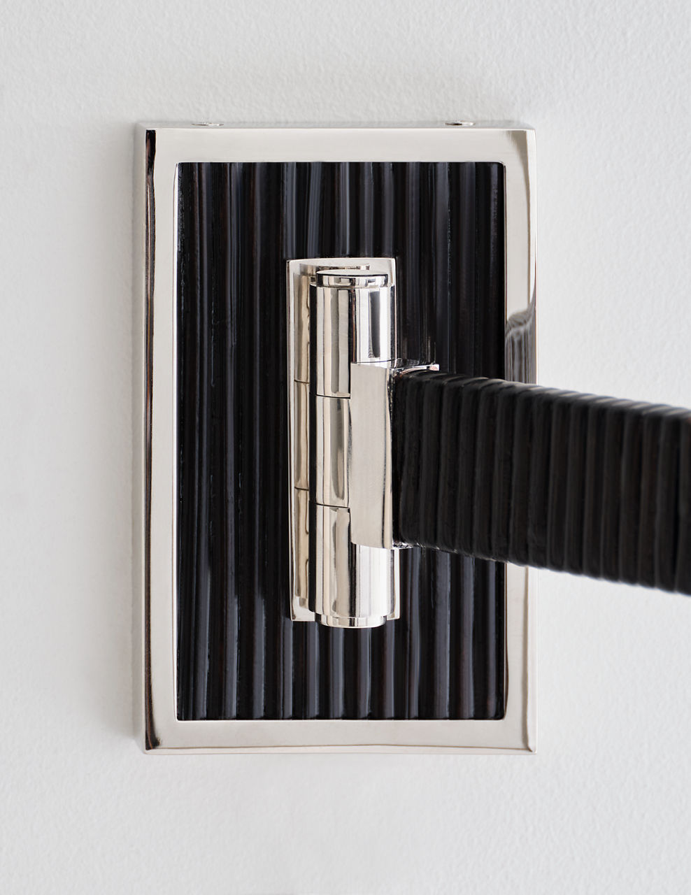 Elle Swing Arm Sconce | Polished Nickel and Black Rattan | Linen Shade