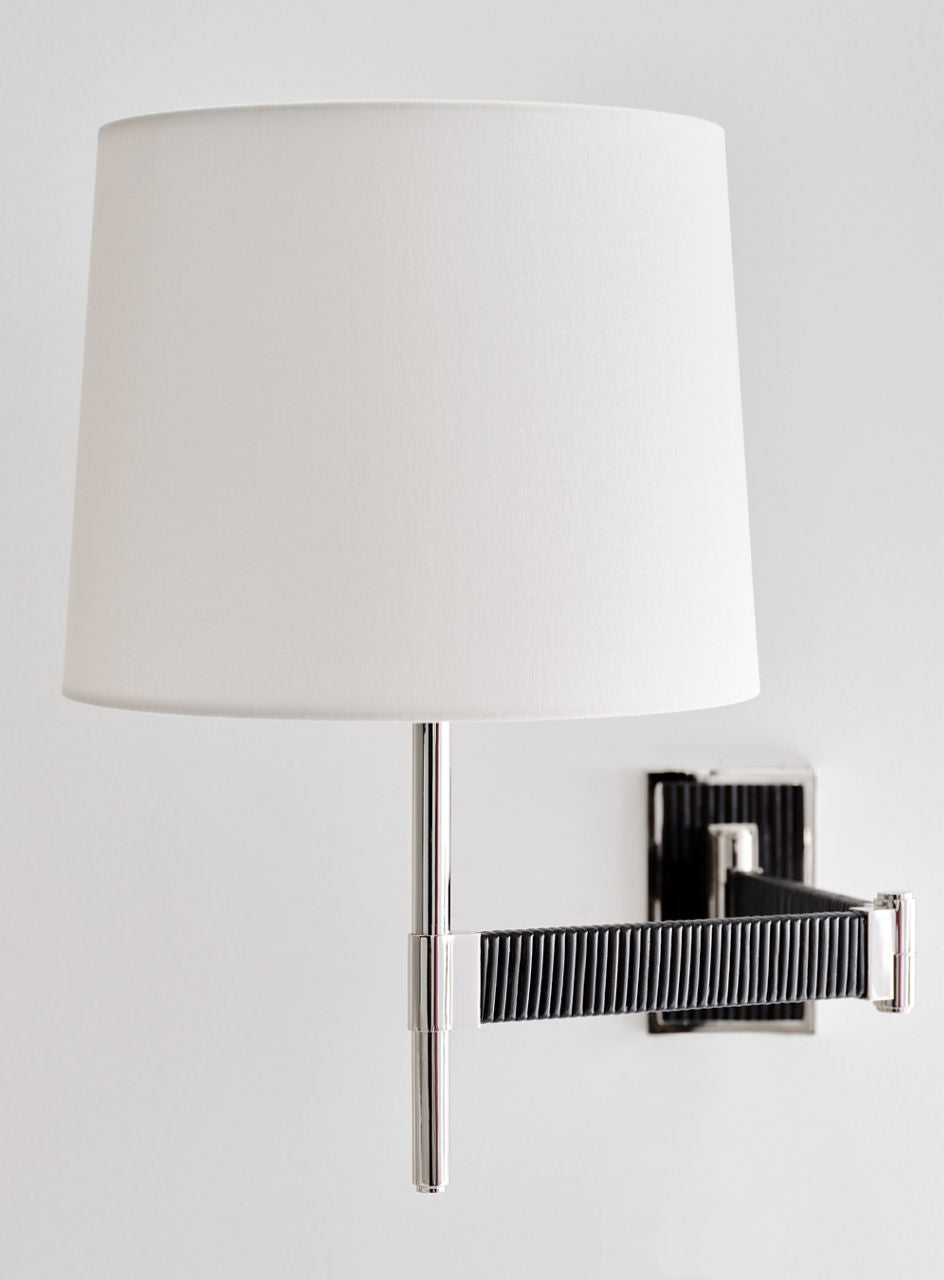 Elle Swing Arm Sconce | Polished Nickel and Black Rattan | Linen Shade