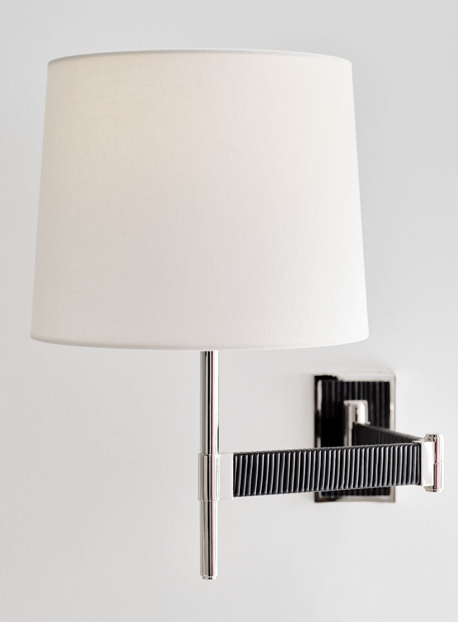 Elle Swing Arm Sconce | Polished Nickel and Black Rattan | Linen Shade