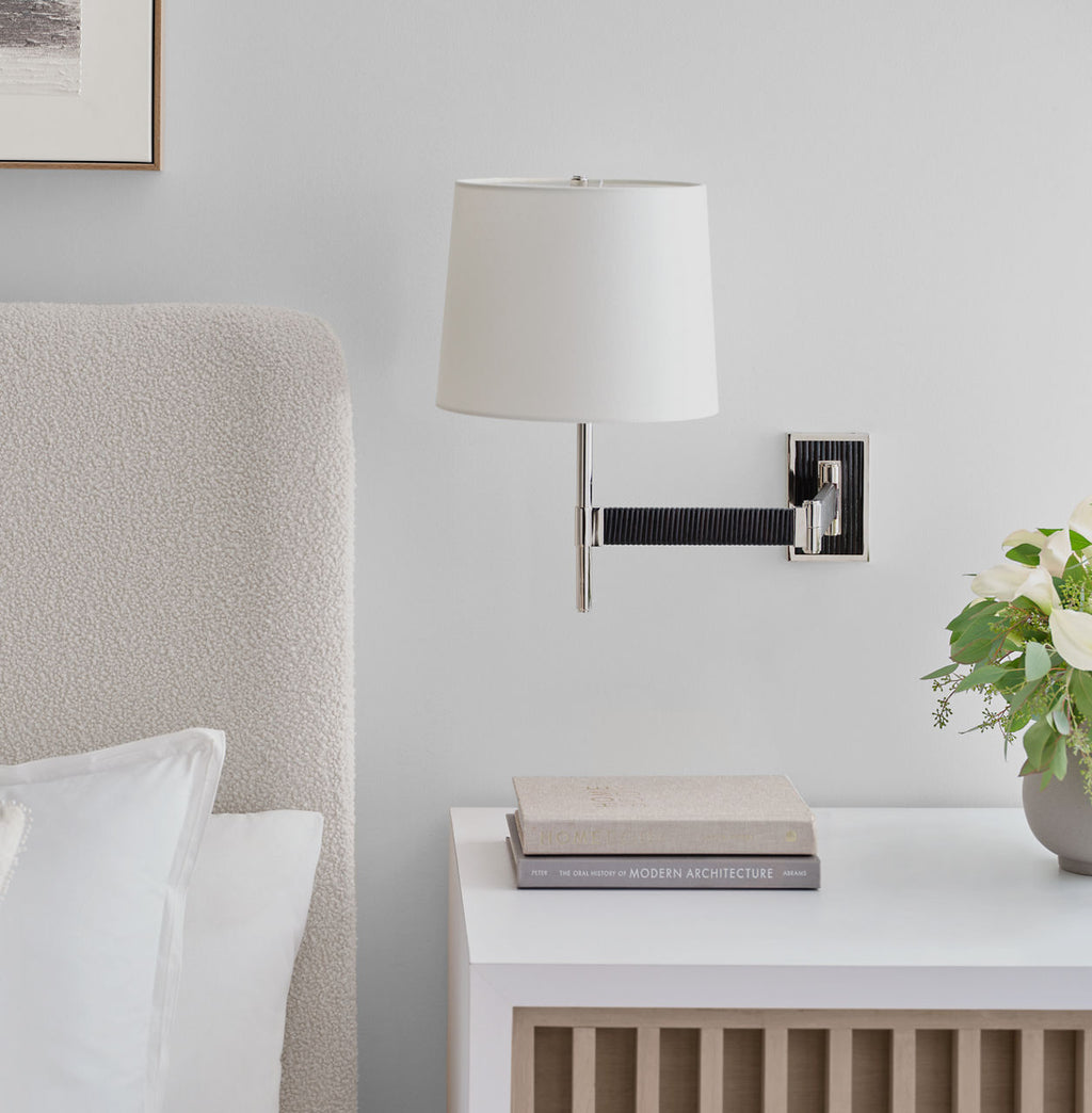 Elle Swing Arm Sconce | Polished Nickel and Black Rattan | Linen Shade