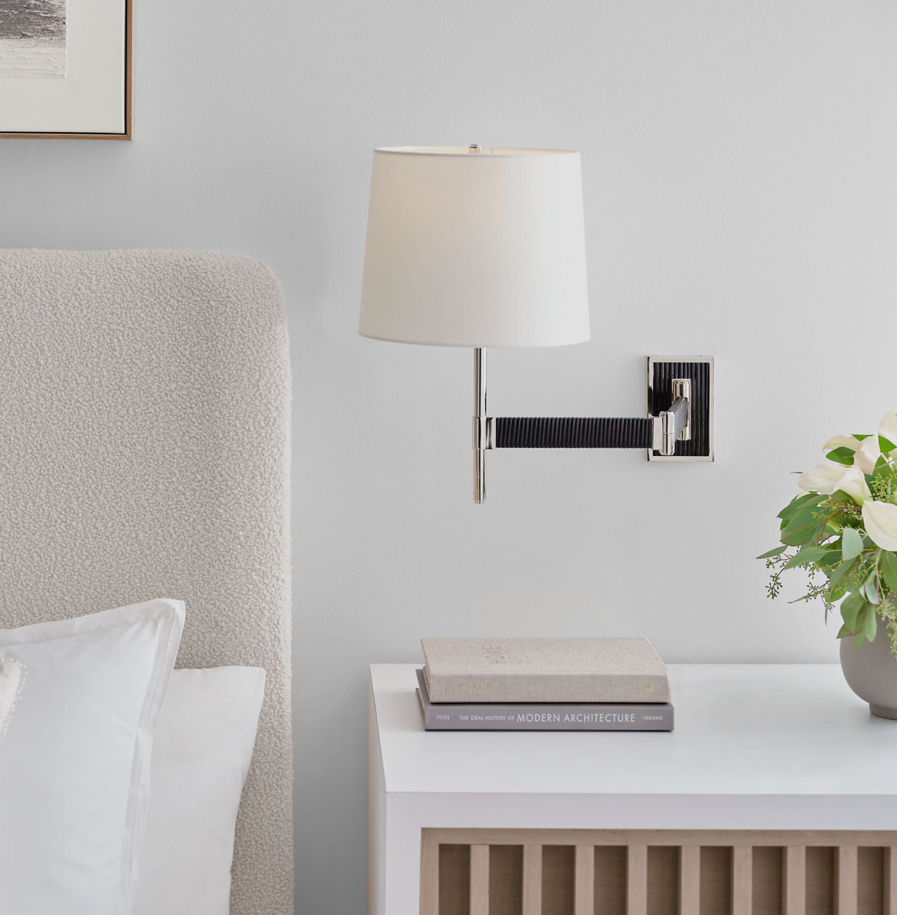 Elle Swing Arm Sconce | Polished Nickel and Black Rattan | Linen Shade