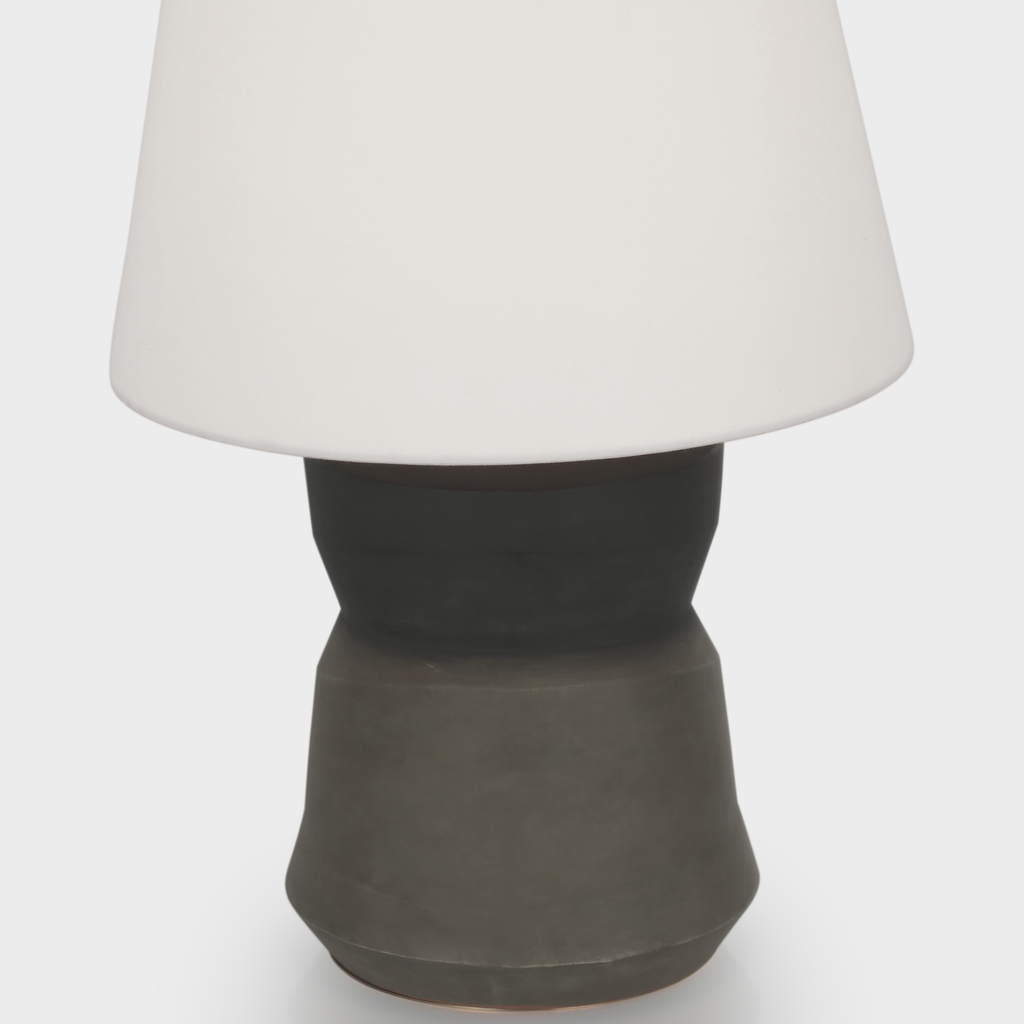 1953 26" Geometric Form Table Lamp | Smoke on Goldenrod | Linen Shade