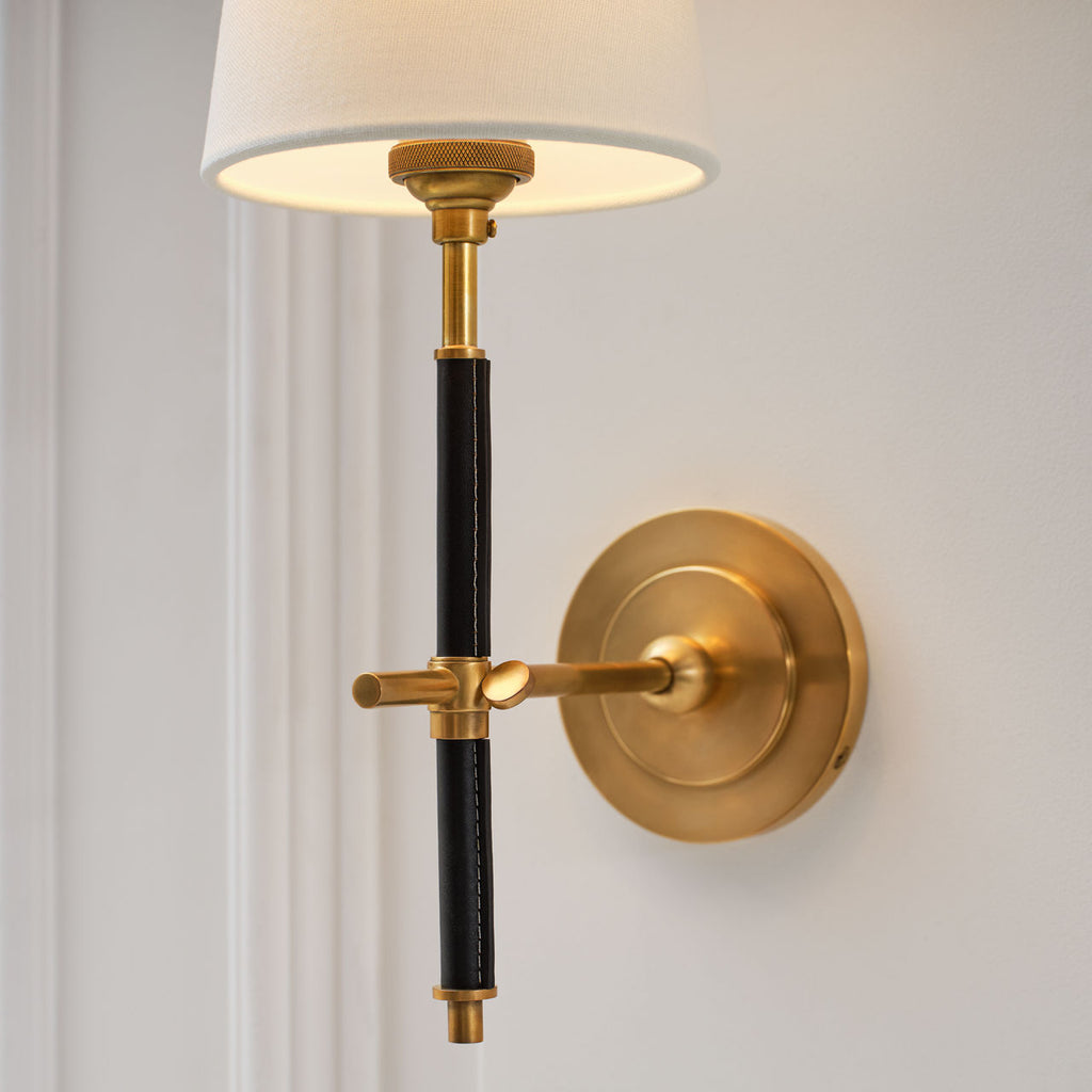 Bryant Wrapped Sconce | Hand-Rubbed Antique Brass and Chocolate Leather | Chocolate Leather Shade