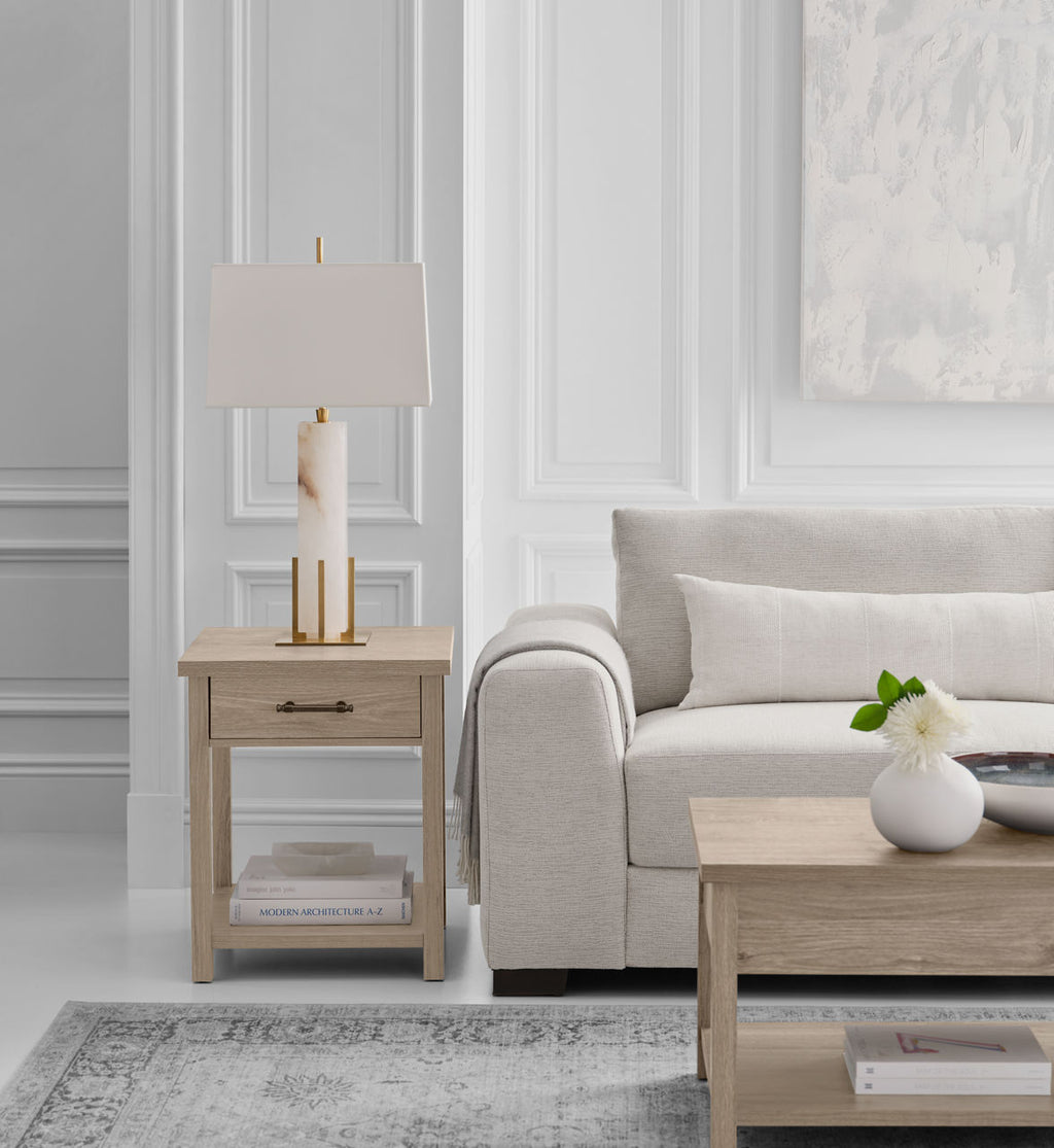 Gironde Large Table Lamp | Alabaster and Hand-Rubbed Antique Brass | Linen Shade