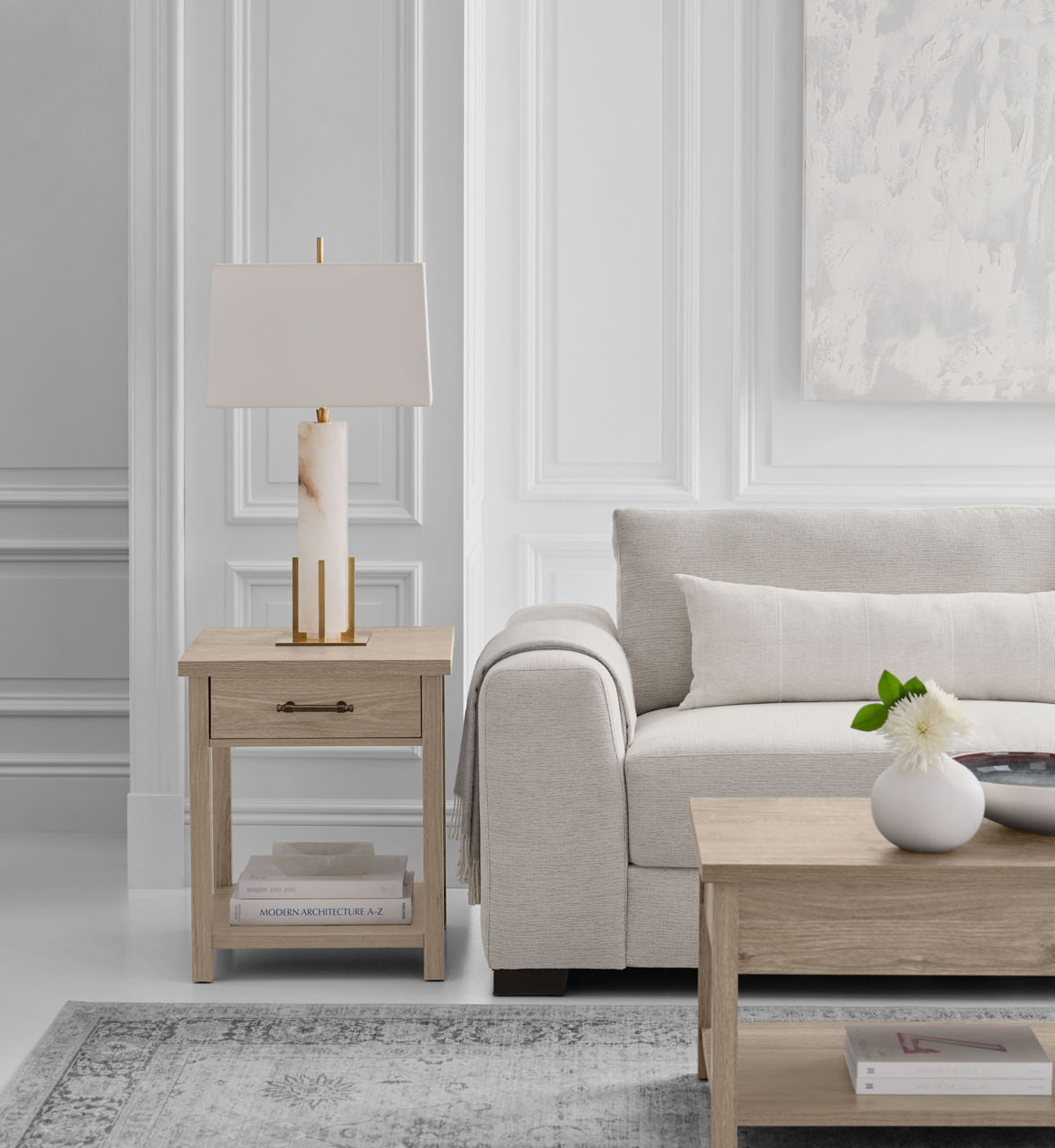 Gironde Large Table Lamp | Alabaster and Hand-Rubbed Antique Brass | Linen Shade