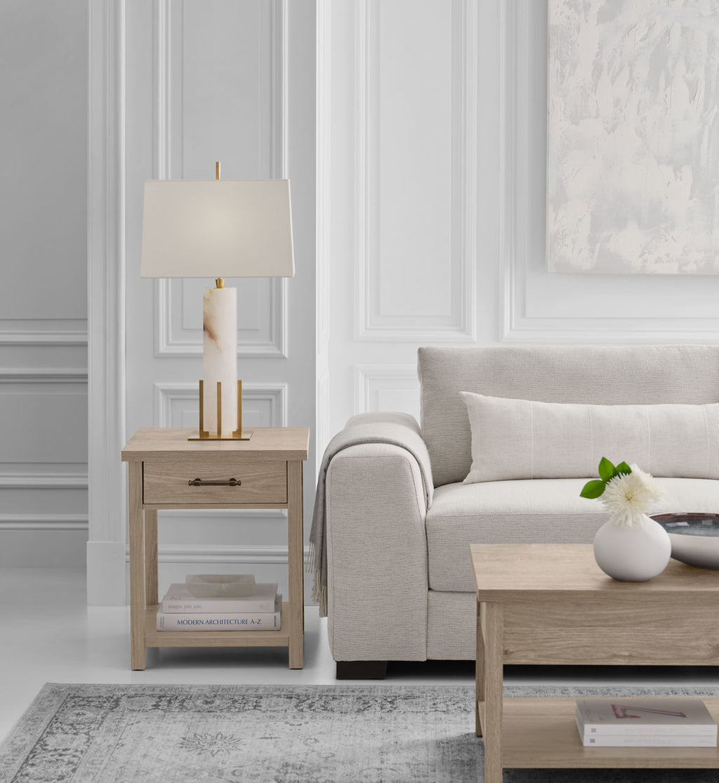 Gironde Large Table Lamp | Alabaster and Hand-Rubbed Antique Brass | Linen Shade