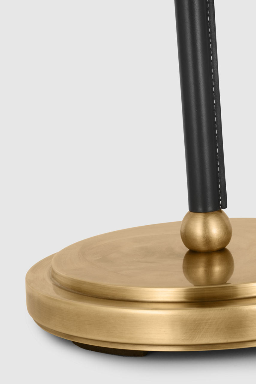 Bryant Wrapped Floor Lamp | Hand-Rubbed Antique Brass and Chocolate Leather | Linen Shade