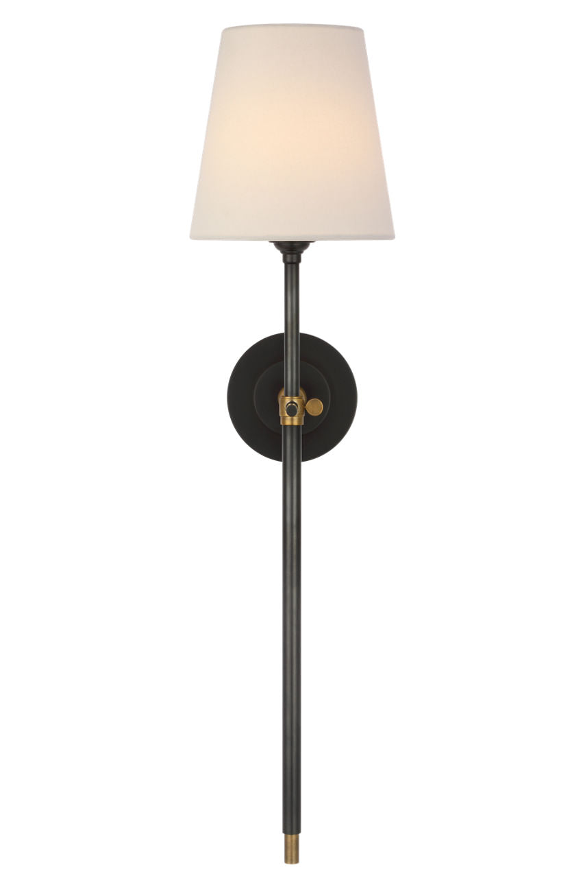 Bryant 27" Cordless Tail Sconce | Bronze and Hand-Rubbed Antique Brass | Linen Shade
