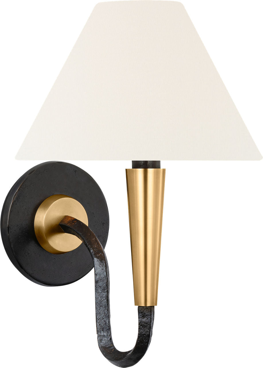 Cavalli 13" J-Arm Sconce | Aged Iron and Hand-Rubbed Antique Brass | Linen Shade