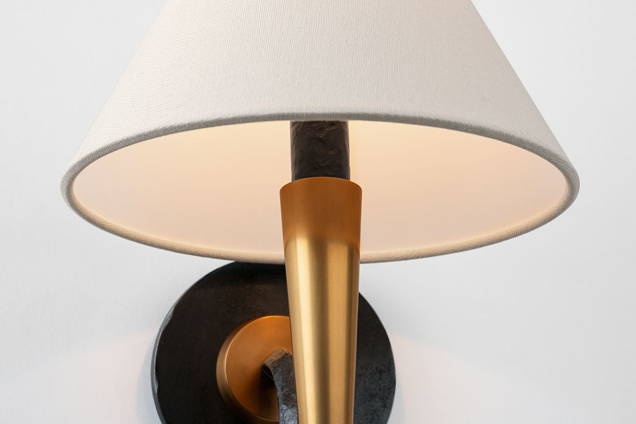 Cavalli 13" J-Arm Sconce | Aged Iron and Hand-Rubbed Antique Brass | Linen Shade