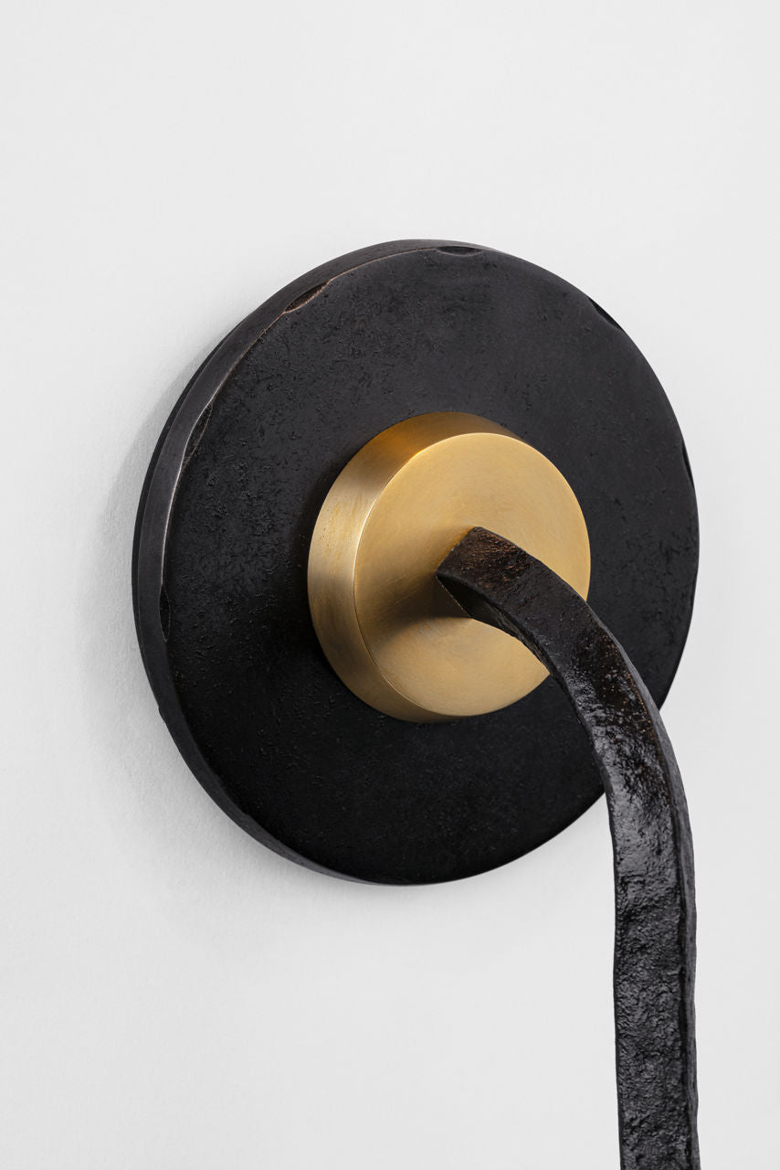 Cavalli 13" J-Arm Sconce | Aged Iron and Hand-Rubbed Antique Brass | Linen Shade