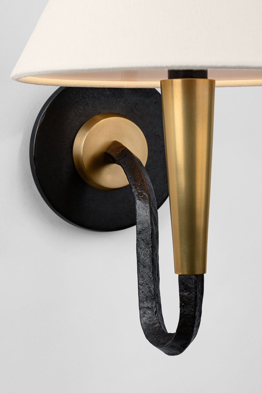 Cavalli 13" J-Arm Sconce | Aged Iron and Hand-Rubbed Antique Brass | Linen Shade
