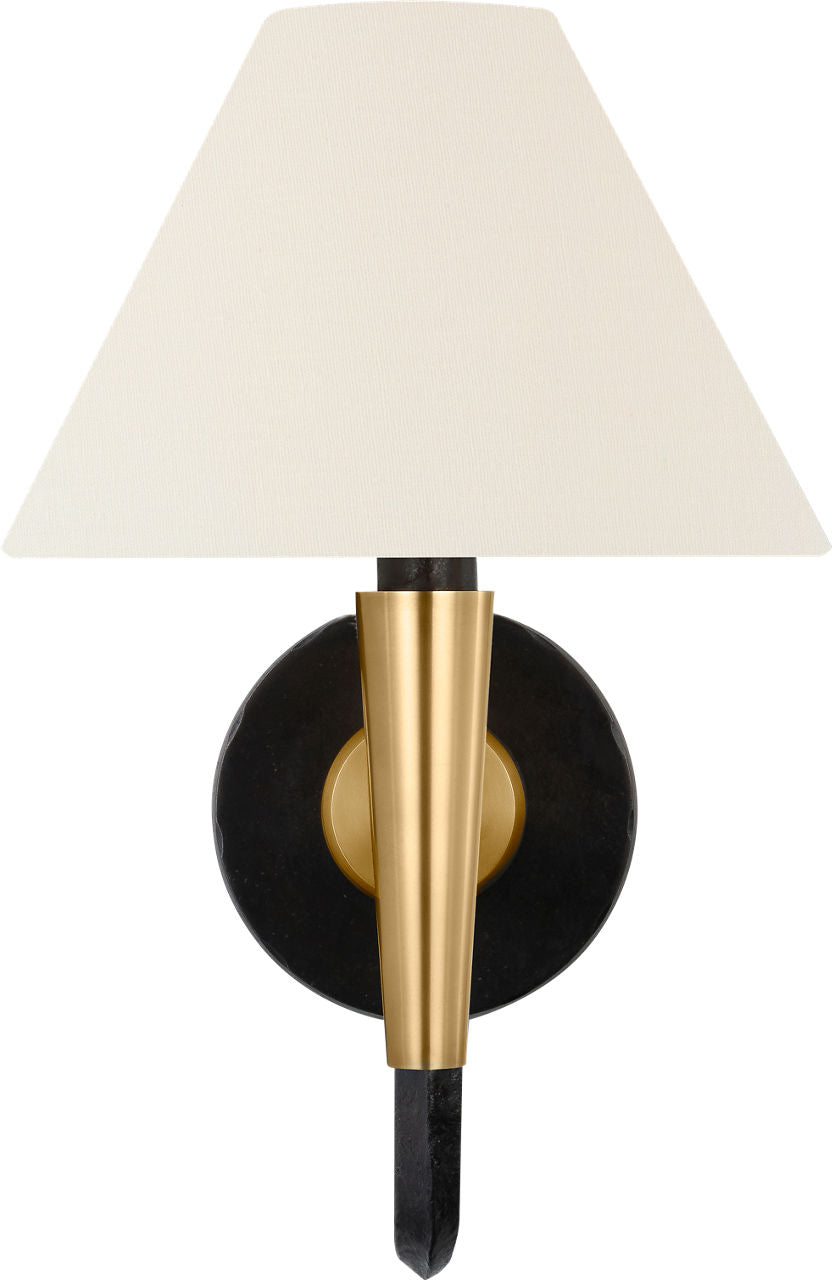 Cavalli 13" J-Arm Sconce | Aged Iron and Hand-Rubbed Antique Brass | Linen Shade