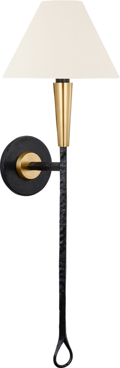 Cavalli 27" Tail Sconce | Aged Iron and Hand-Rubbed Antique Brass | Linen Shade