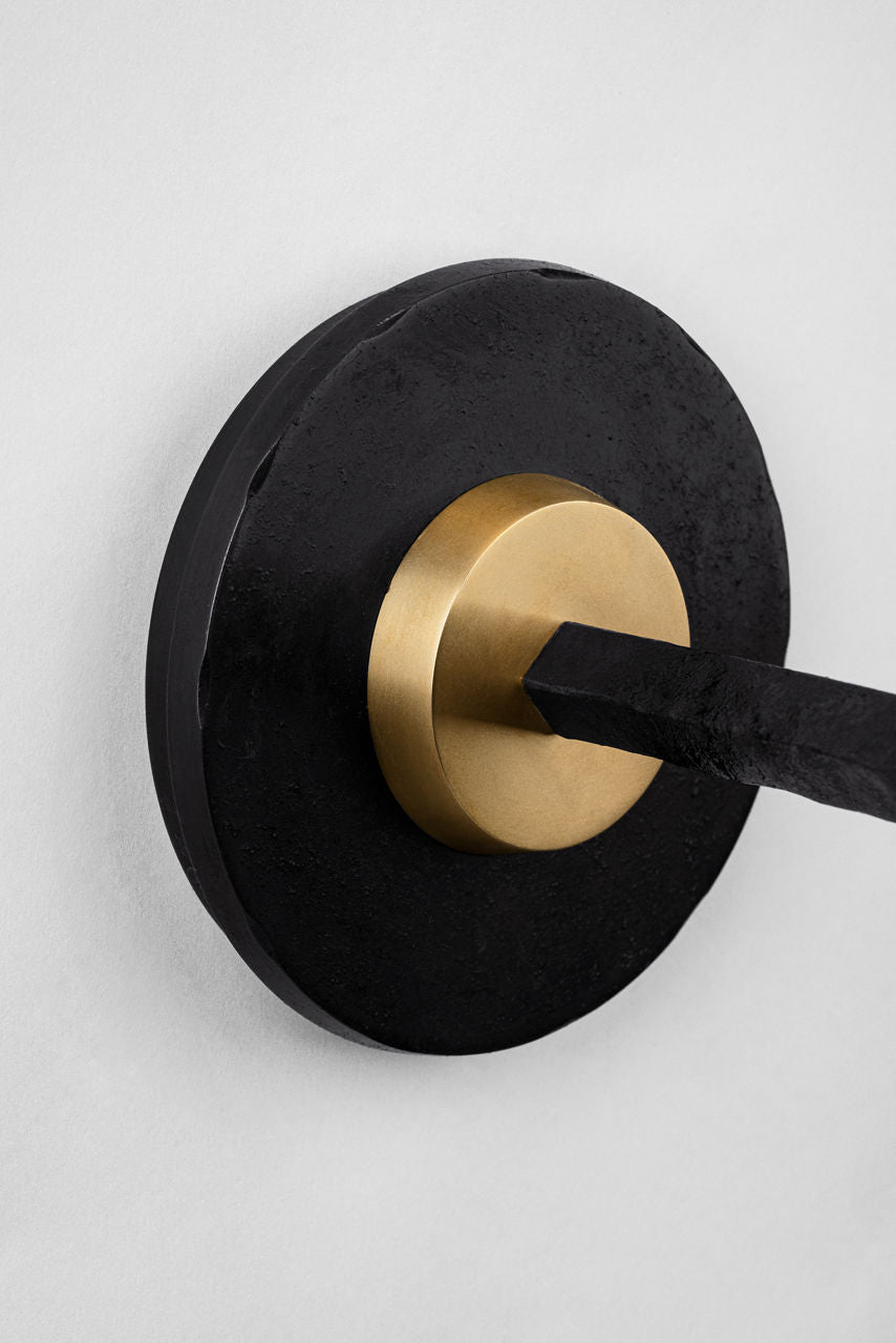 Cavalli 27" Tail Sconce | Aged Iron and Hand-Rubbed Antique Brass | Linen Shade
