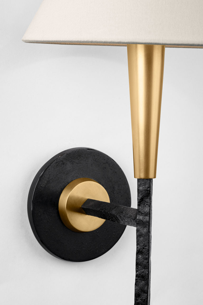 Cavalli 27" Tail Sconce | Aged Iron and Hand-Rubbed Antique Brass | Linen Shade
