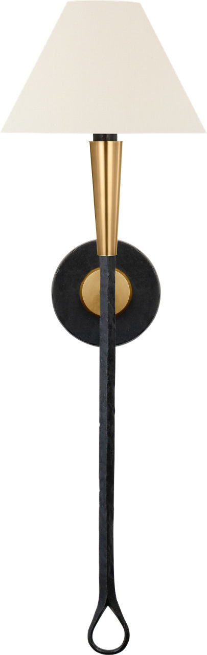 Cavalli 27" Tail Sconce | Aged Iron and Hand-Rubbed Antique Brass | Linen Shade