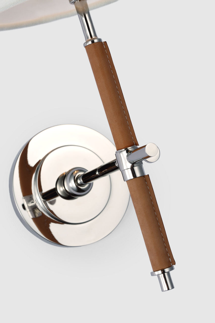 Bryant Wrapped Sconce | Polished Nickel and Natural Leather | Linen Shade