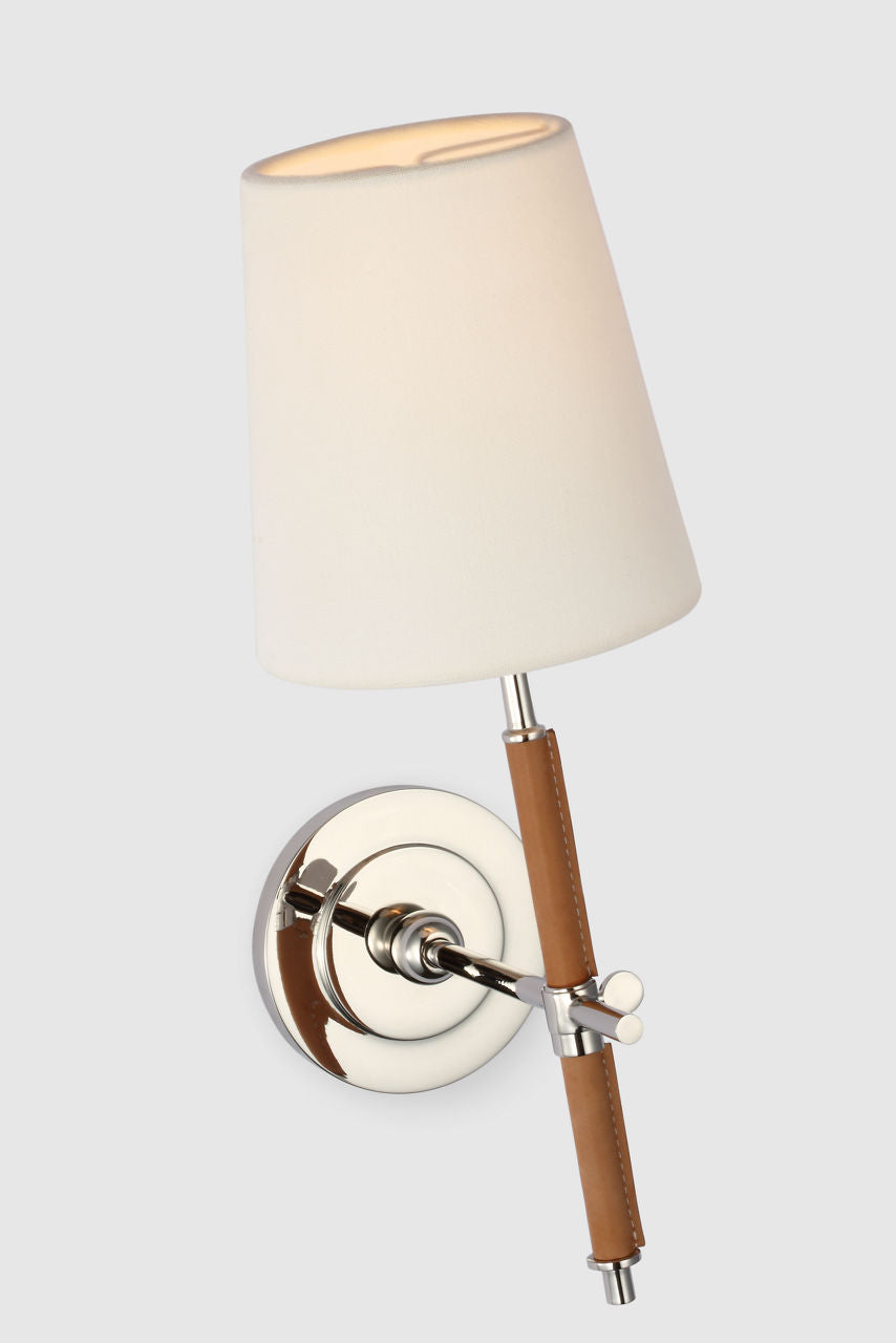 Bryant Wrapped Sconce | Polished Nickel and Natural Leather | Linen Shade