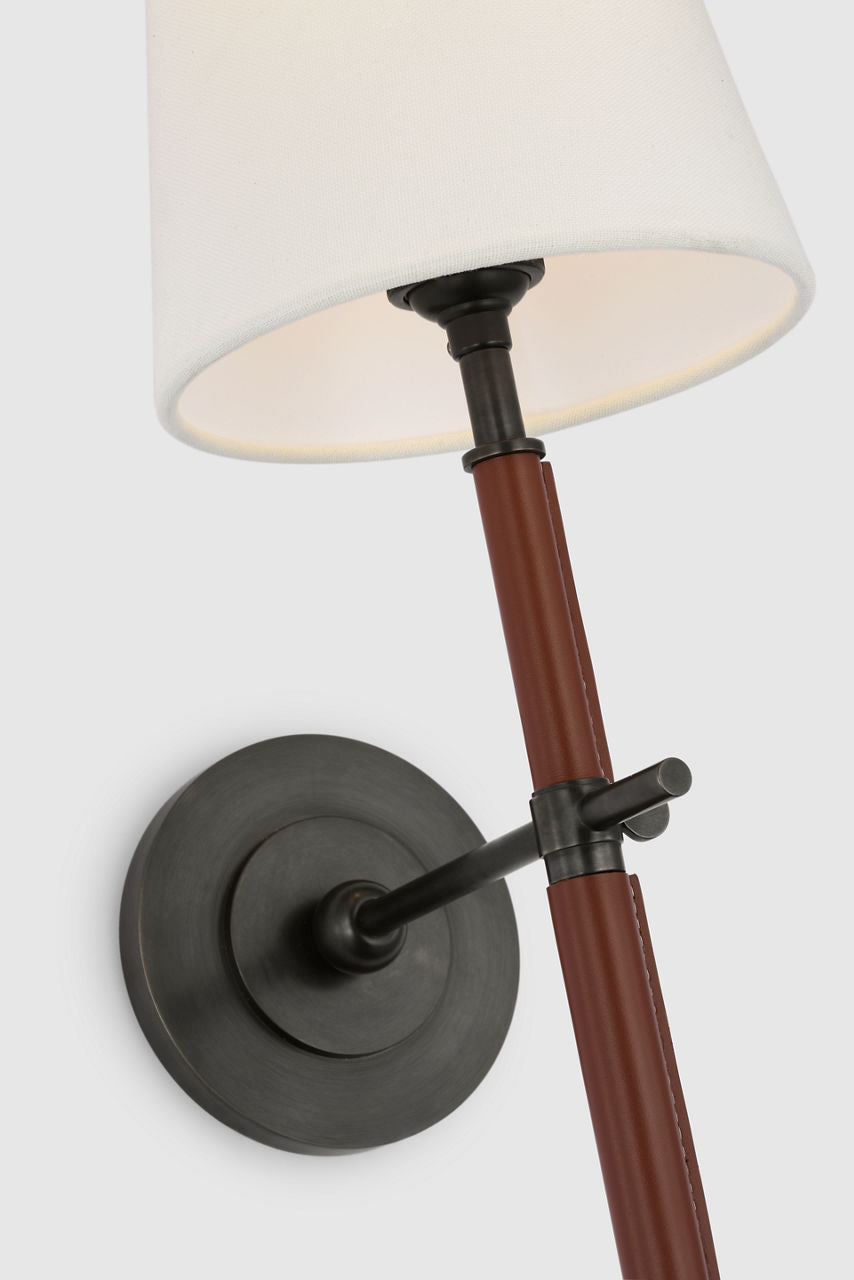 Bryant Large Wrapped Tail Sconce | Bronze and Saddle Leather | Linen Shade