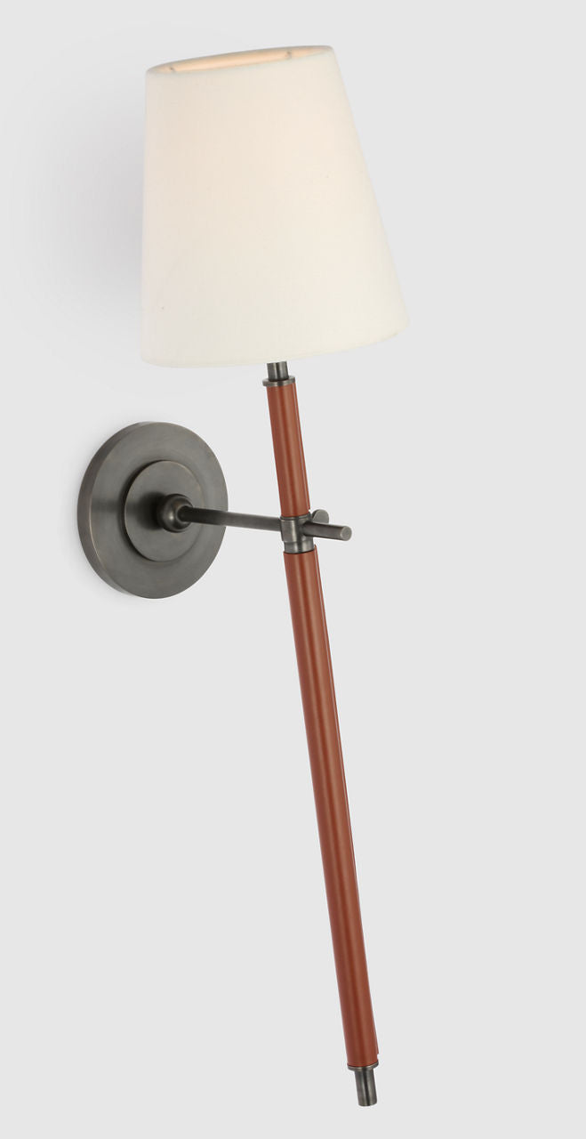 Bryant Large Wrapped Tail Sconce | Bronze and Saddle Leather | Linen Shade