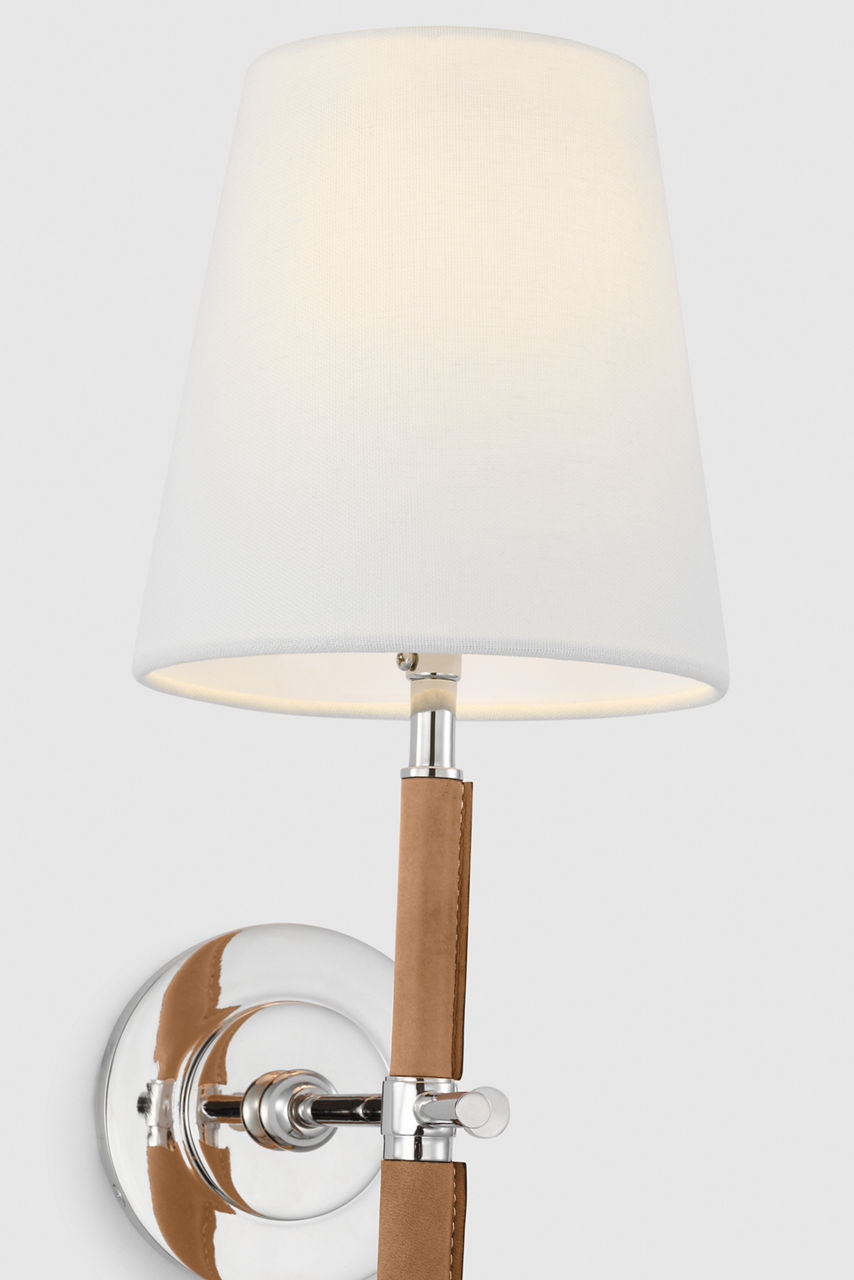 Bryant Large Wrapped Tail Sconce | Polished Nickel and Natural Leather | Linen Shade