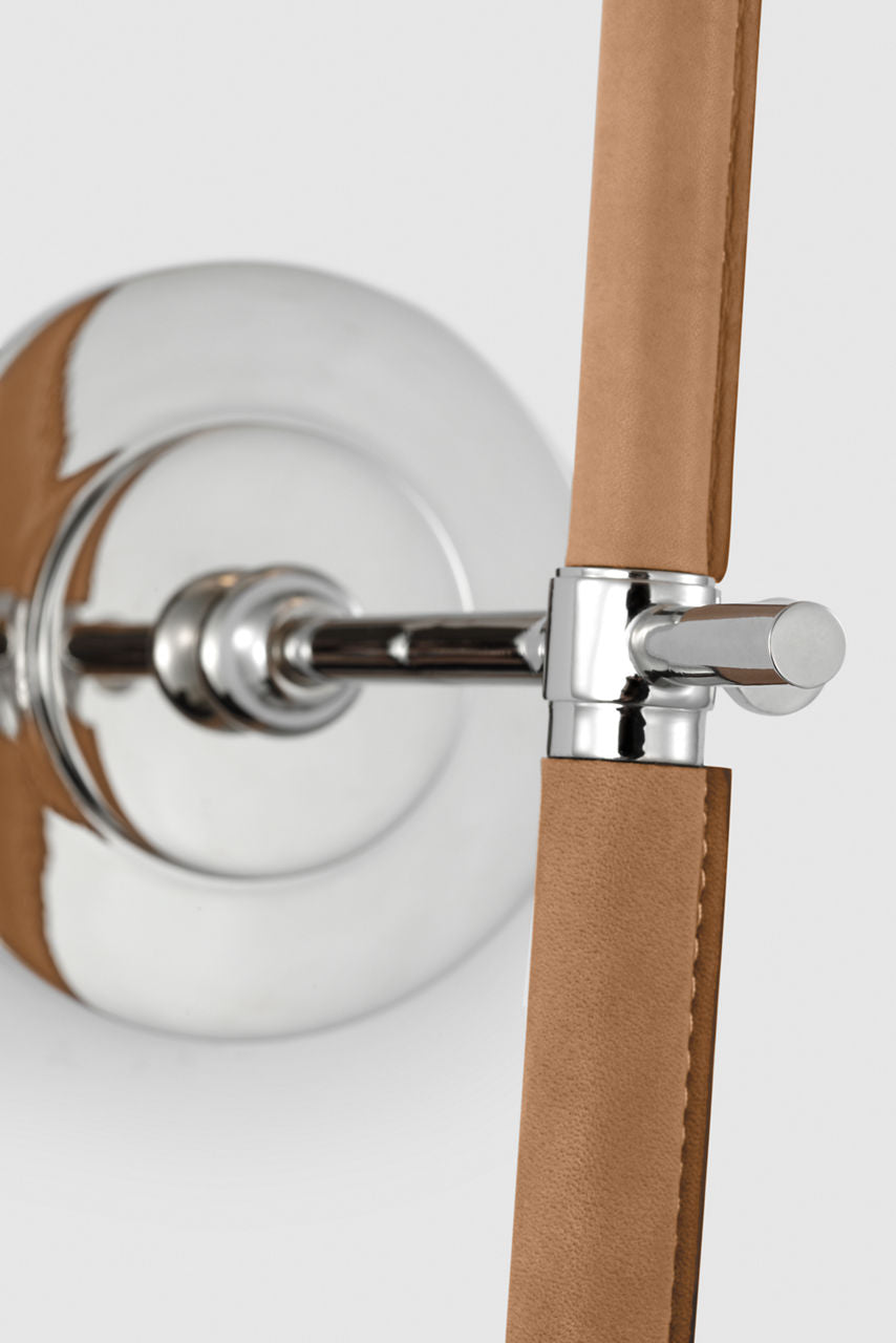 Bryant Large Wrapped Tail Sconce | Polished Nickel and Natural Leather | Linen Shade