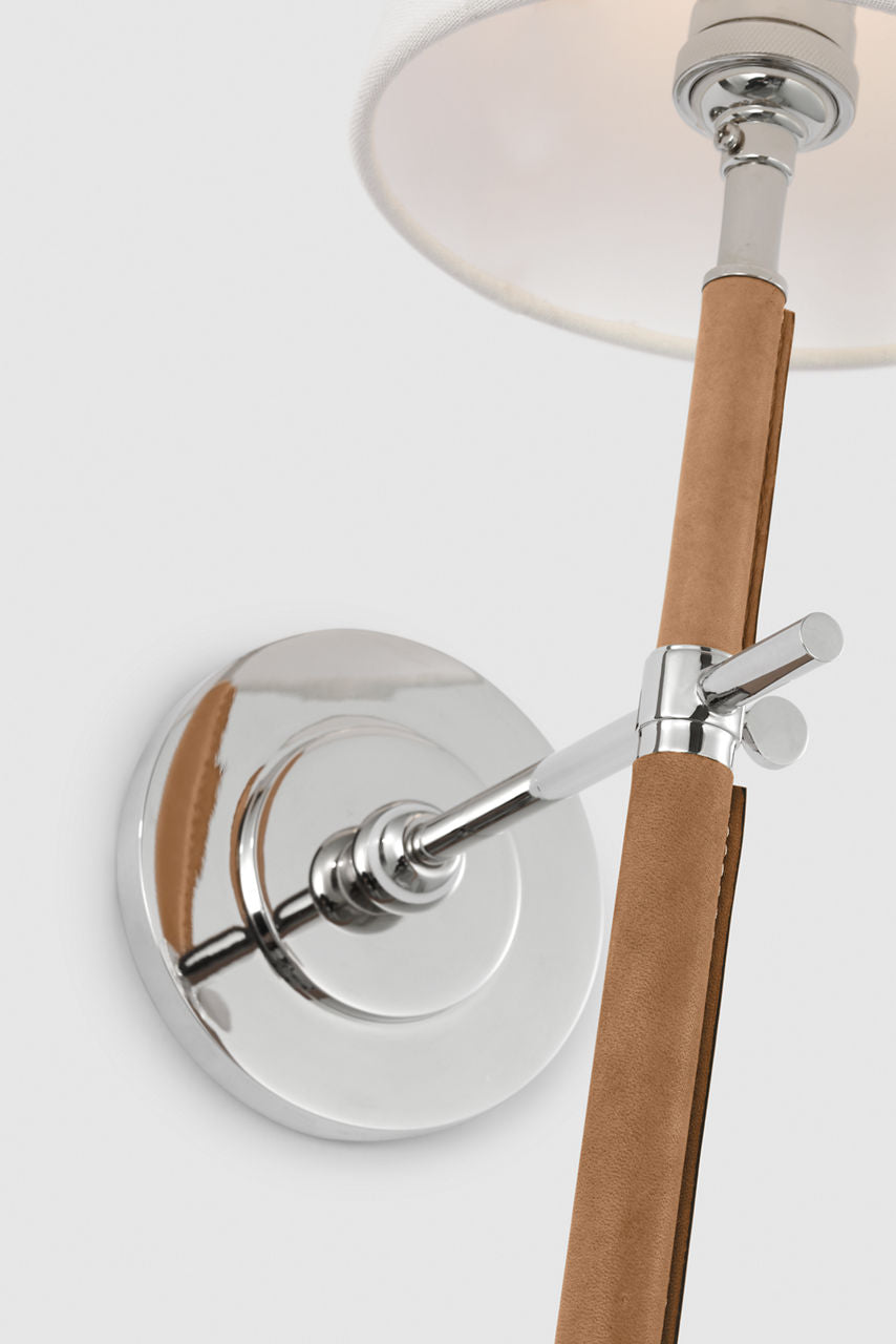 Bryant Large Wrapped Tail Sconce | Polished Nickel and Natural Leather | Linen Shade
